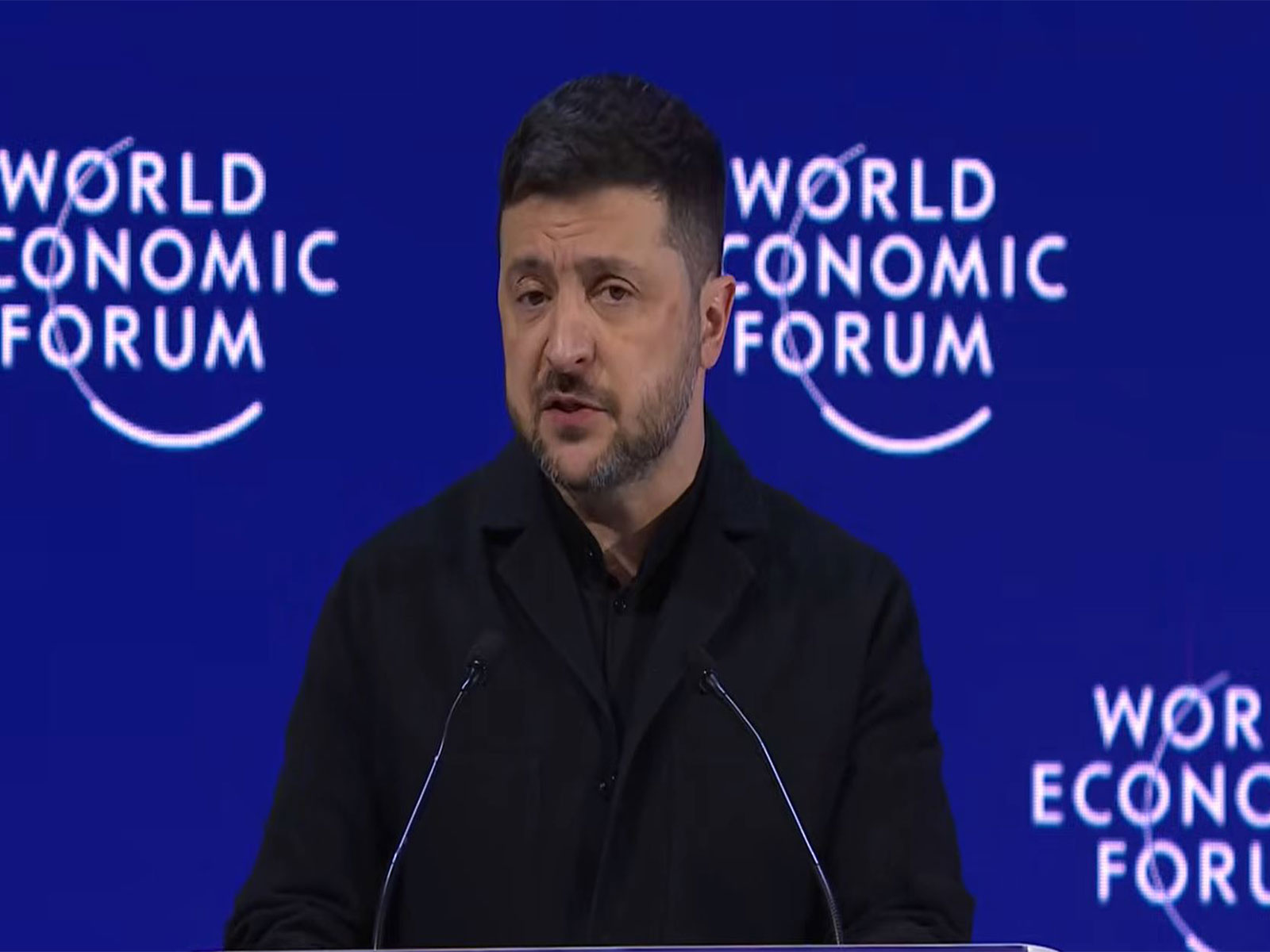 Ukrainian President Volodymyr Zelenskyy addresses the World Economic Forum (WEF) in Davos, Switzerland. (Image Source: YouTube/WEF)