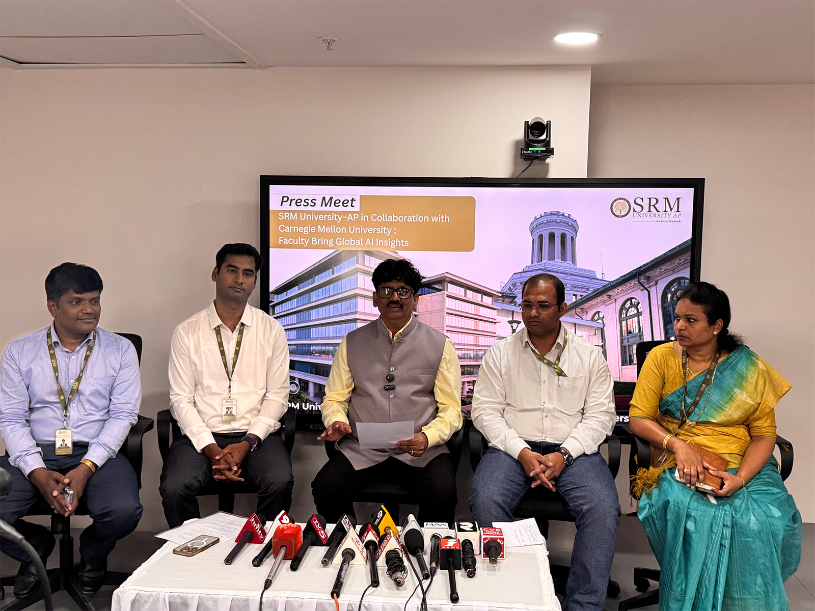 Dr M Naveen Kumar, Dr Sunil Chinnadurai, Prof. Ch Satish Kumar, Dr Ashu Abdul, Dr Saleti Sumalatha (left to right) addressing the media
