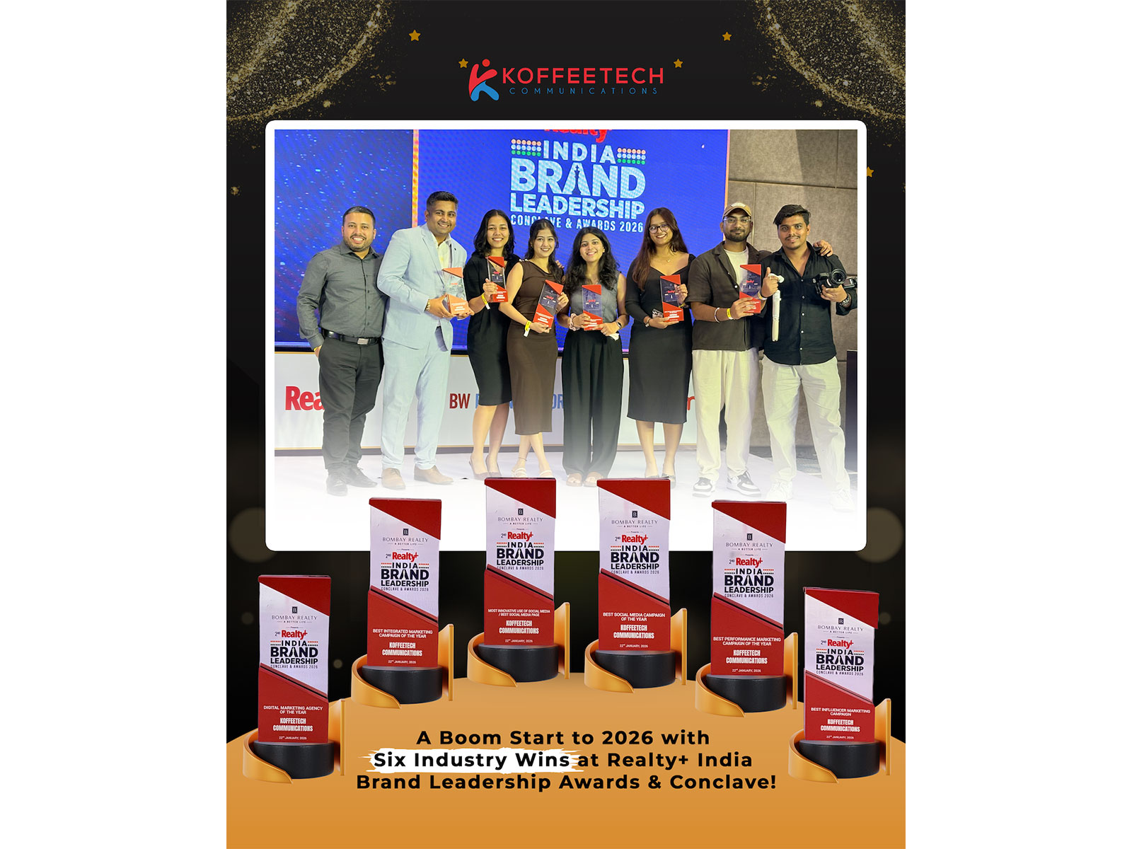Six wins for Koffeetech Communications at the Realty+ Brand Leadership Awards & Conclave 2026, with Founder & CEO Jay Rathod addressing the industry on digital-first real estate marketing