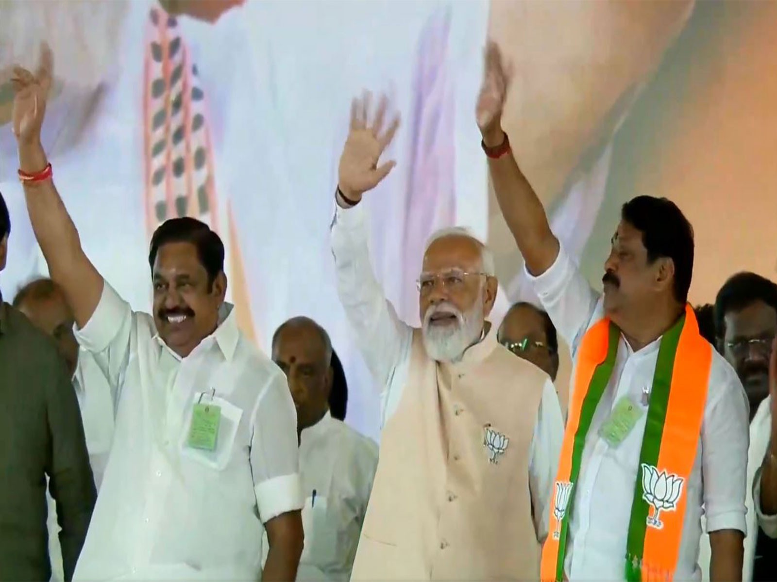 Prime Minister Narendra Modi (middle) with party leaders in Tamil Nadu (Photo/ANI)