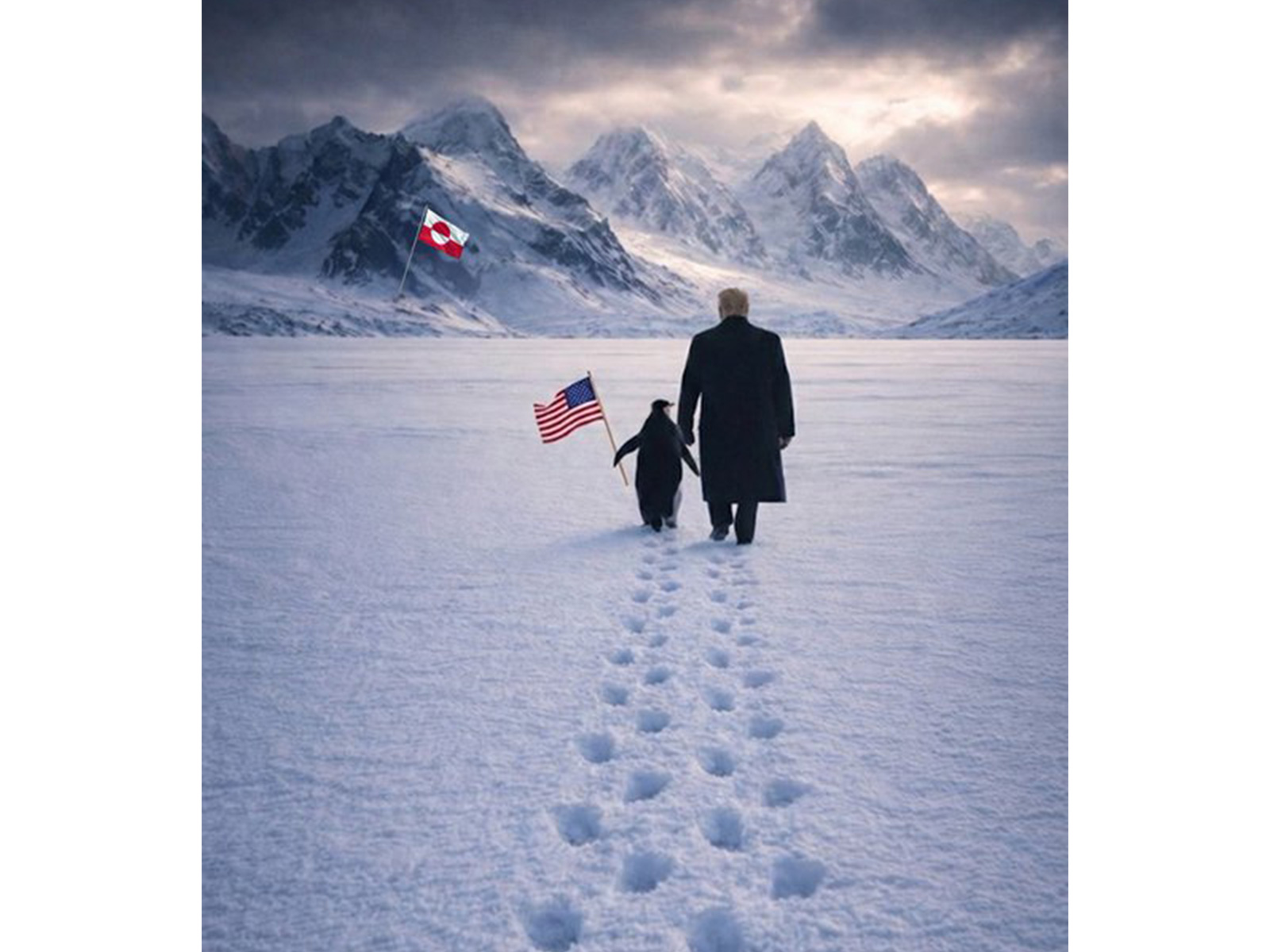 An AI-generated image shared by the White House showing US President Donald Trump walking towards Greenland alongside a penguin. (Photo: X/@WhiteHouse)