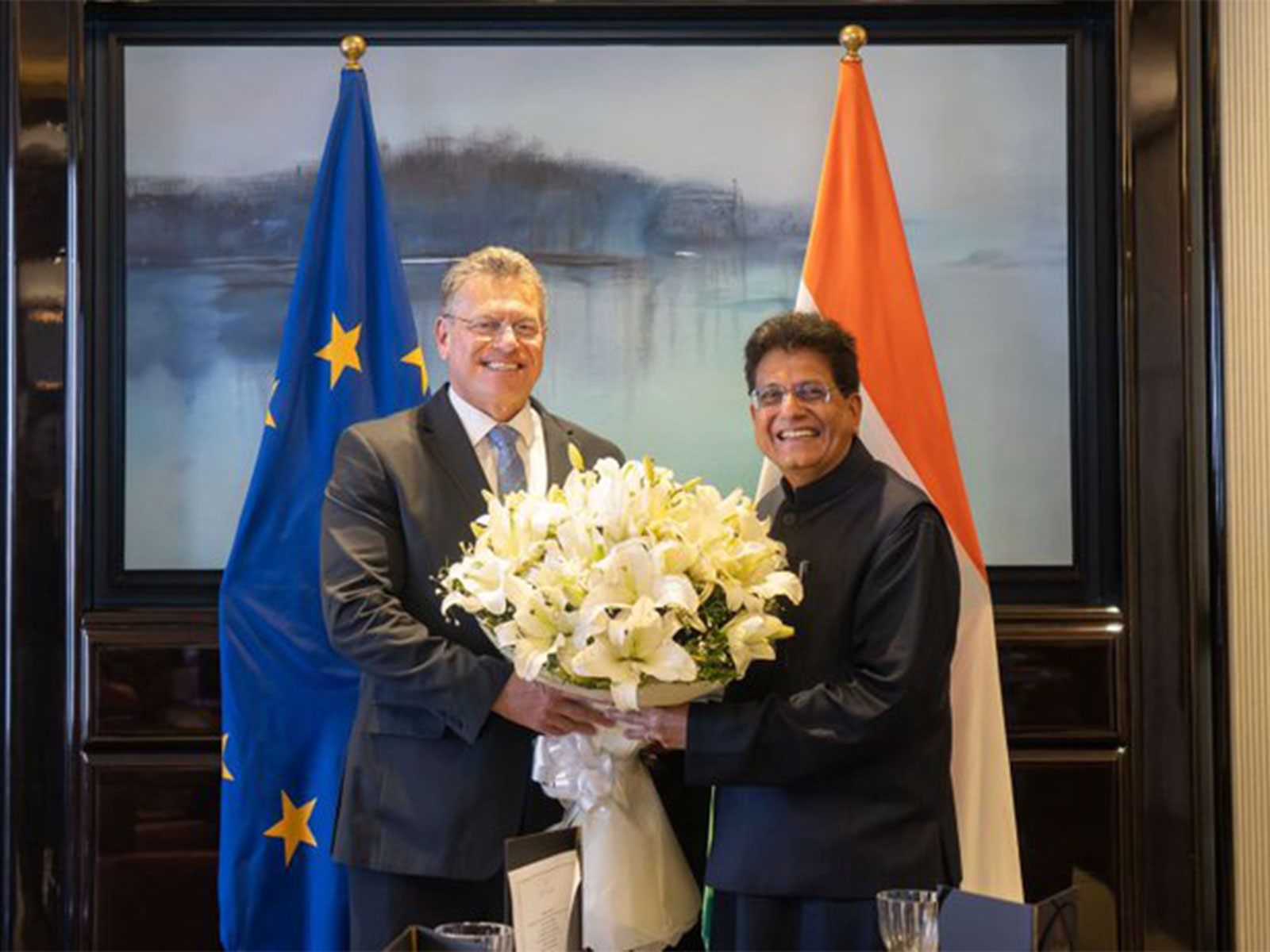 EU Commissioner for Trade Maros Sefcovic met Union Minister of Commerce and Industry Piyush Goyal on Jan 25, 2026 (Photo/ANI)