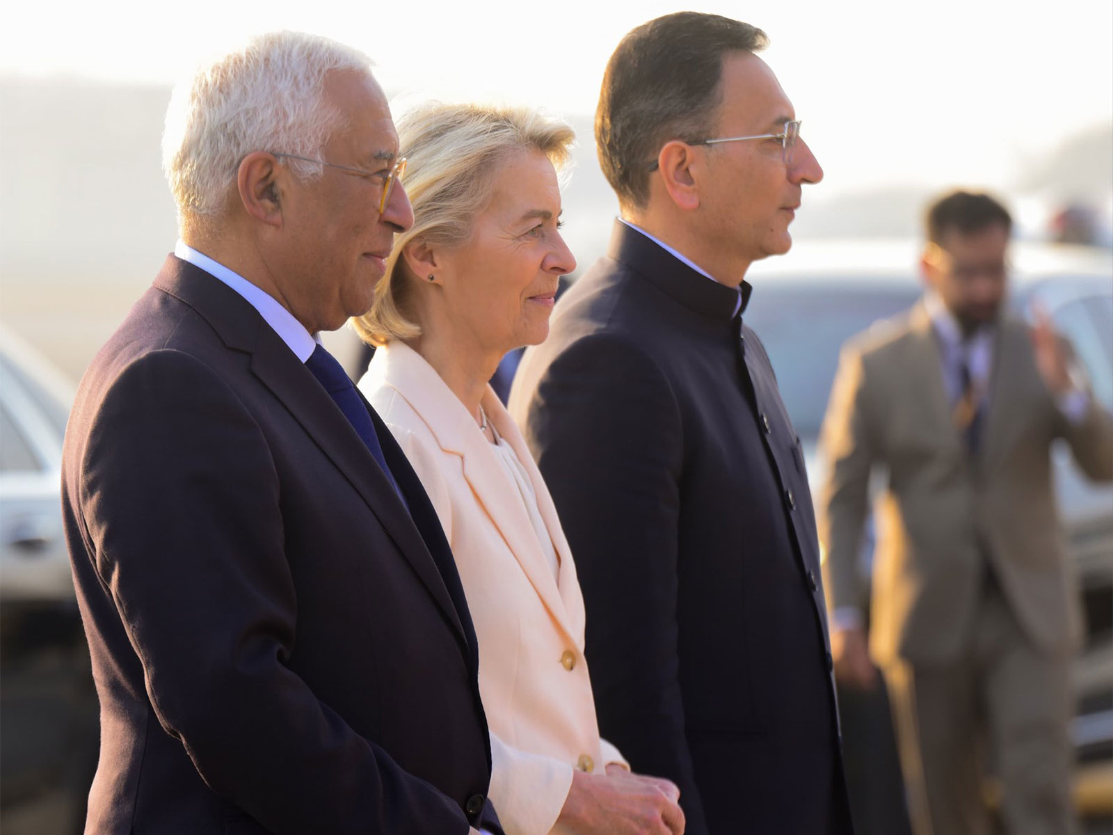 President of the European Council Antonio Costa and President of the European Commission Ursula von der Leyen with Minister of State for Commerce and Industry  Jitin Prasada (Photo: X@MEAIndia)