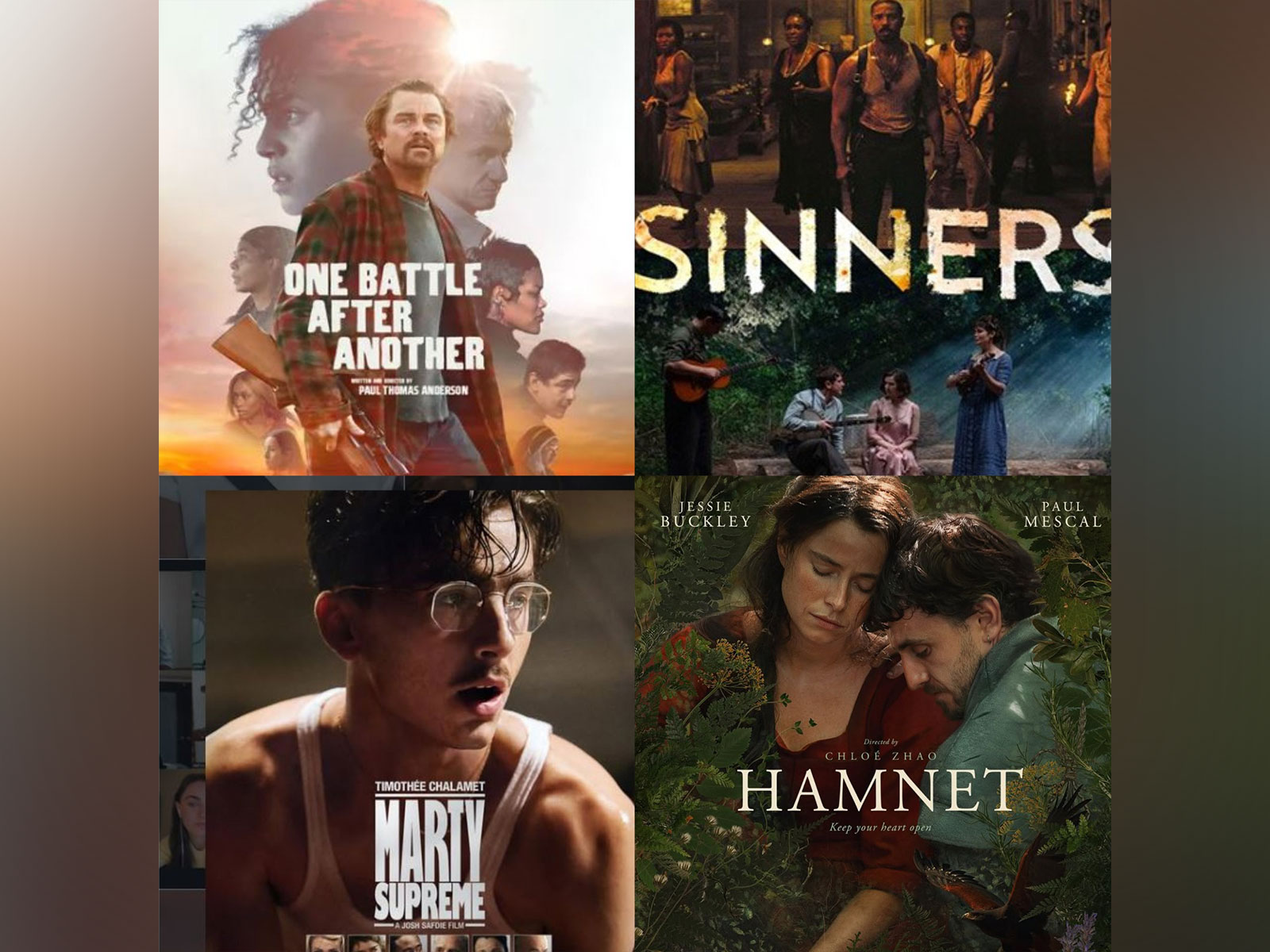 One Battle After Another (Photo/Instagram@WarnerBros), Sinners (Instagram@MichaelBJordan), Hamnet (Photo/Instagram@ChloeZhao) and Marty Supreme (Photo/Instagram@tchalamet)