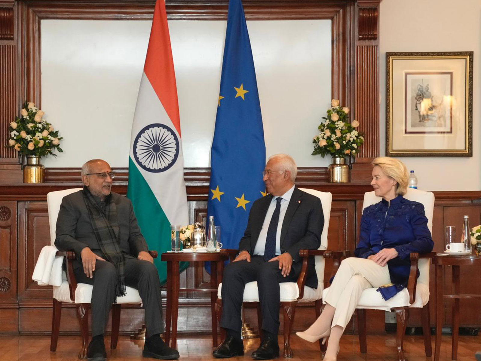 Vice President CP Radhakrishnan with the President of the European Council, Antonio Costa, and the President of the European Commission, Ursula von der Leyen (Photo: X@VPIndia)