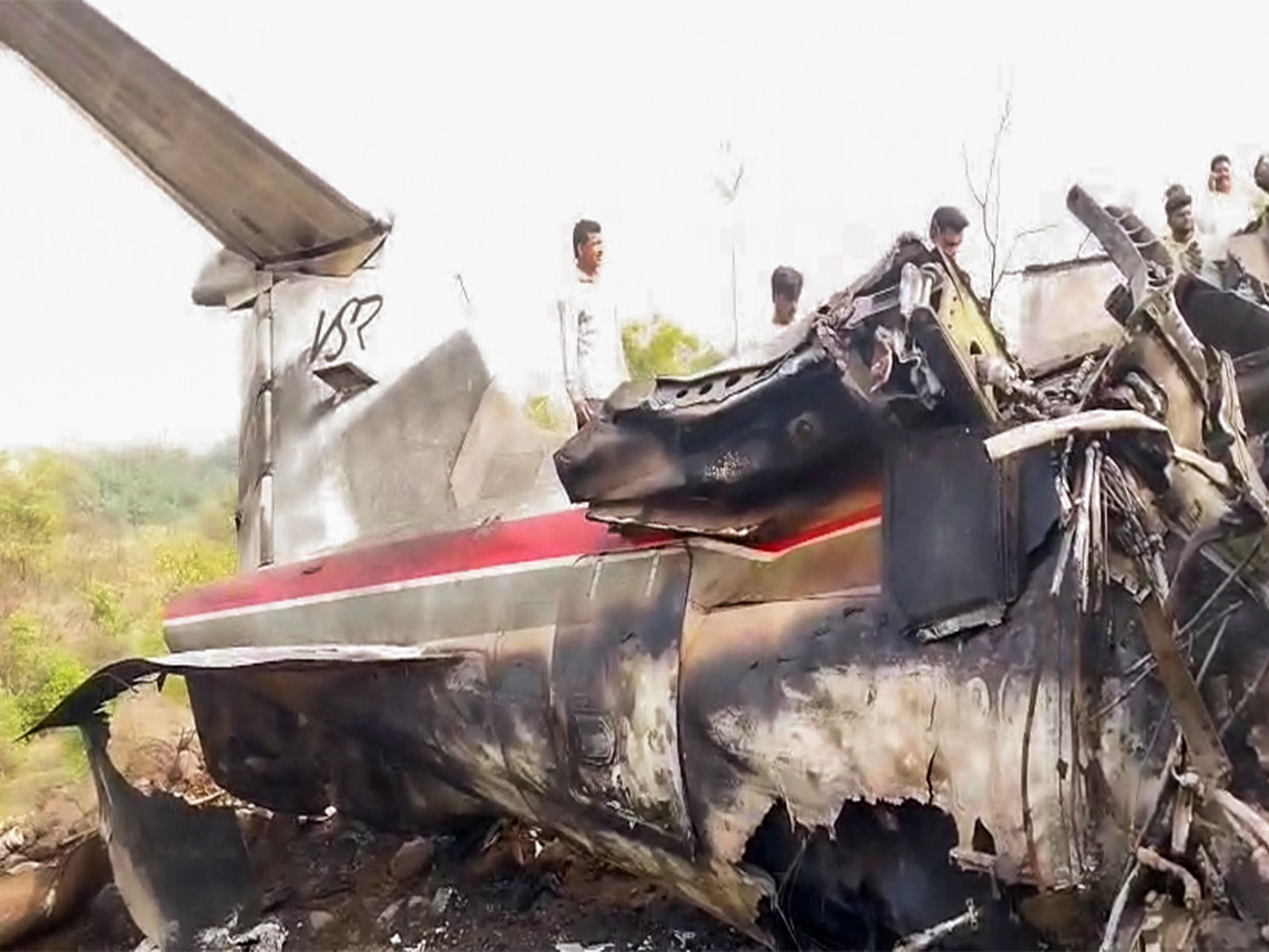 Wreckage of the aircraft at the crash site at Baramati. (Photo/ANI)
