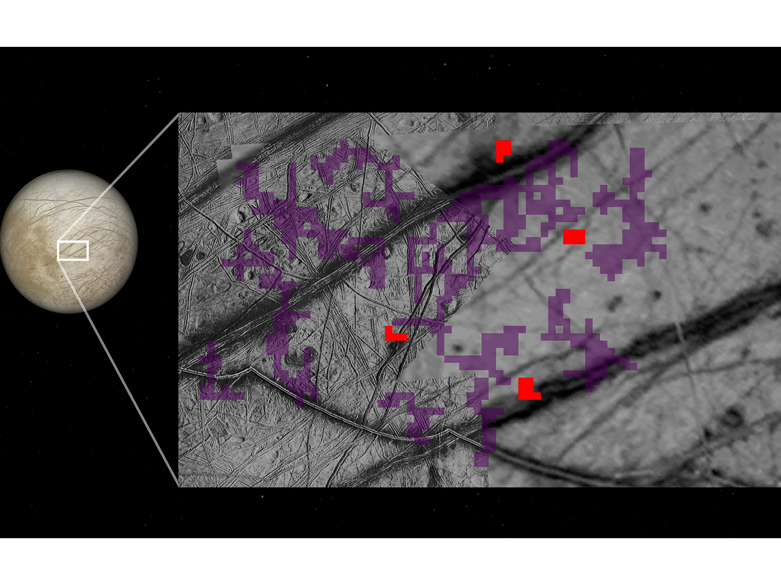 Red pixels mark locations on Europa's surface where ammonia-bearing compounds were detected (Photo/NASA)