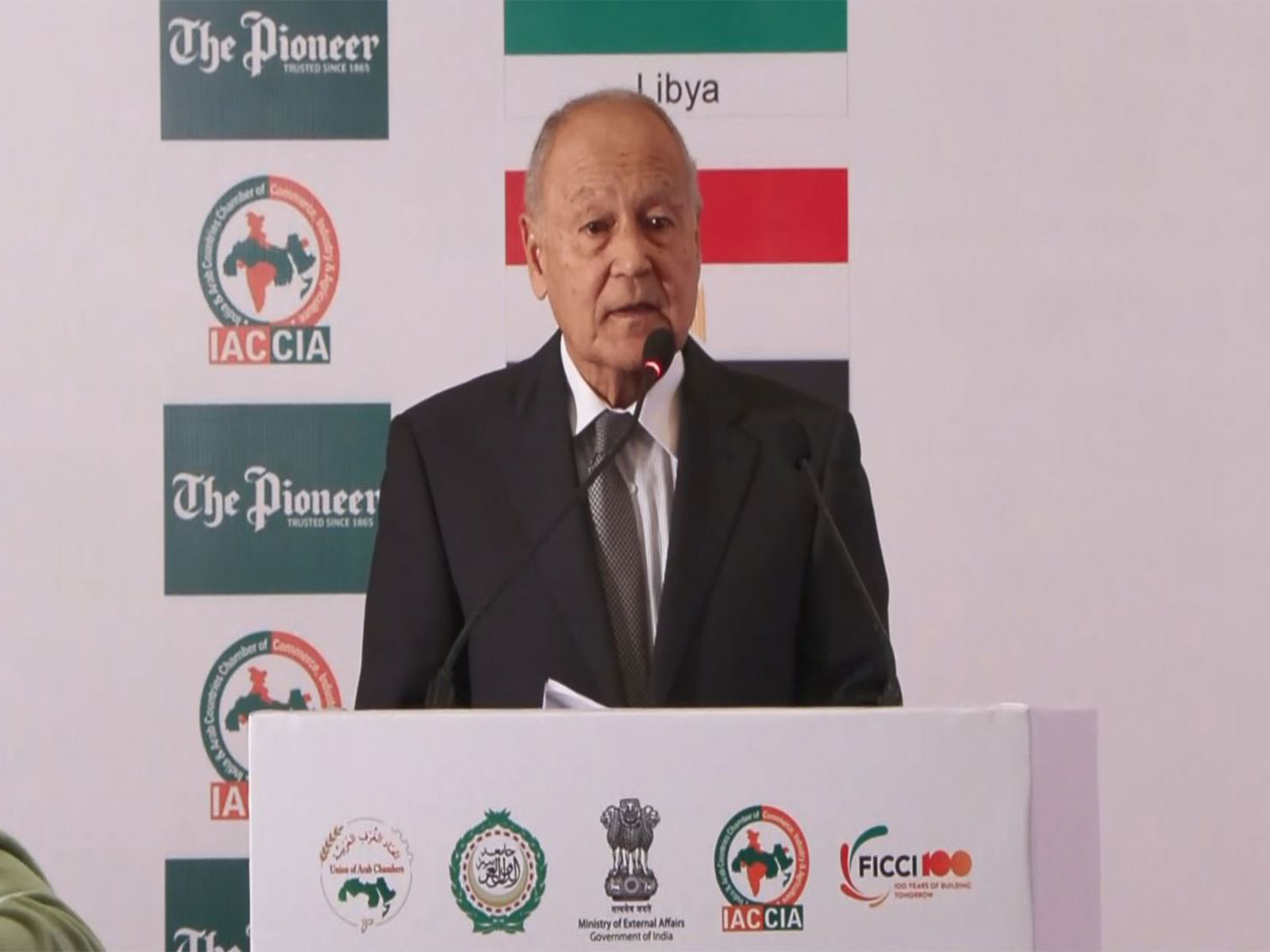 Arab League Secretary General Ahmed Aboul Gheit speaks at a public interaction hosted by the Indian Council of World Affairs in New Delhi. (Photo/ANI)