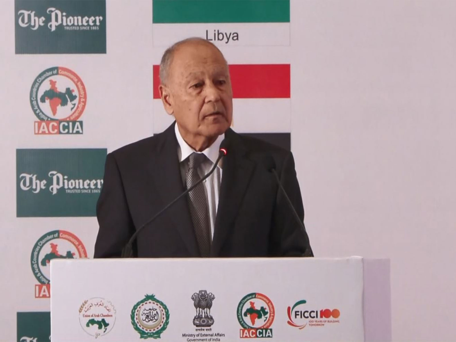 Arab League Secretary General Ahmed Aboul Gheit addresses a public event hosted by the Indian Council of World Affairs in New Delhi. (Photo/ANI)