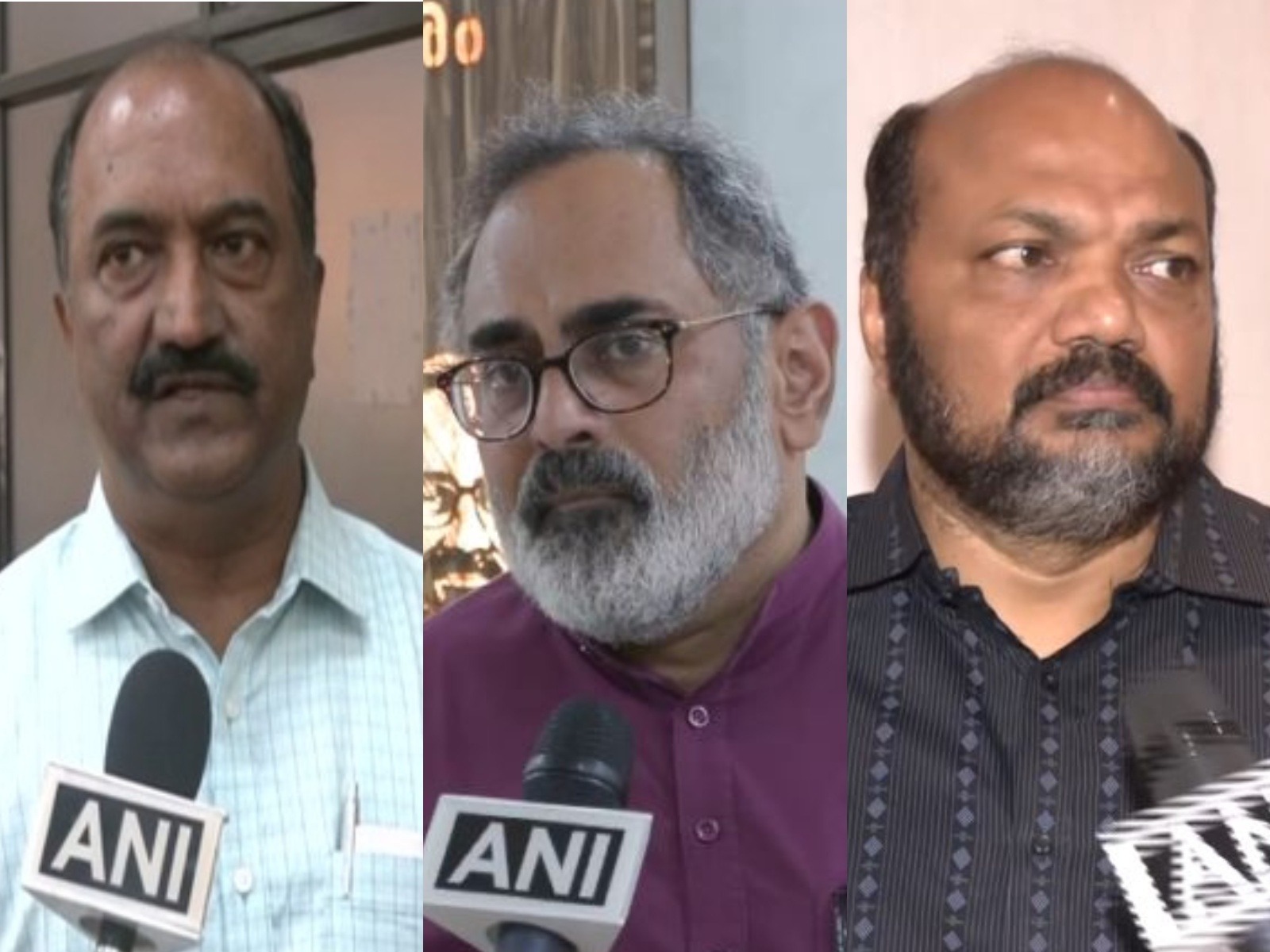 Kerala BJP chief Rajeev Chandasekhar (extreme left) state industries minister P Rajeeve (centre) and state FM K NBalagopal (Photos/ANI)