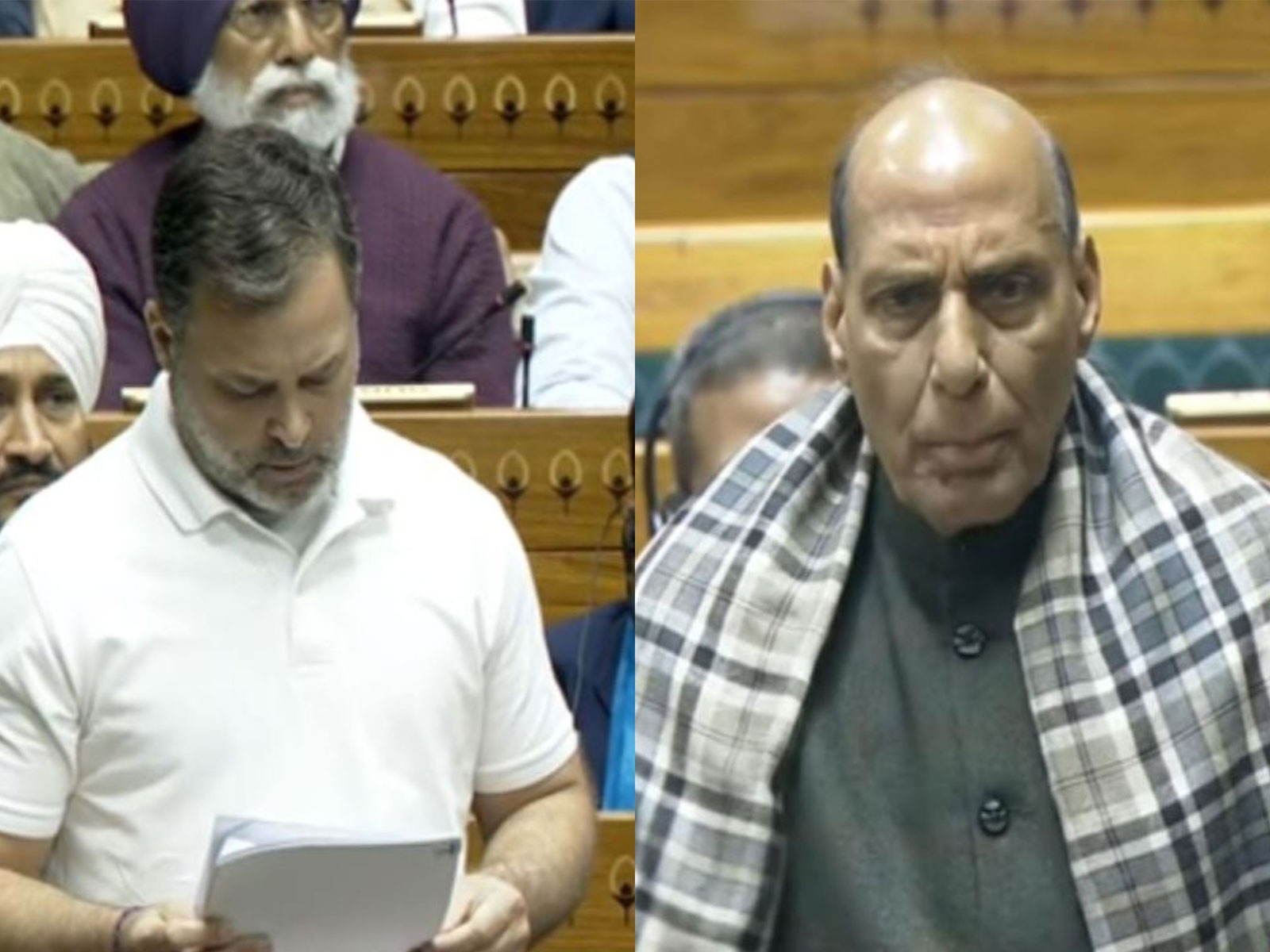 Lok Sabha Leader of the Opposition Rahul Gandhi and Defence Minister Rajnath Singh (Photo/SansadTV)