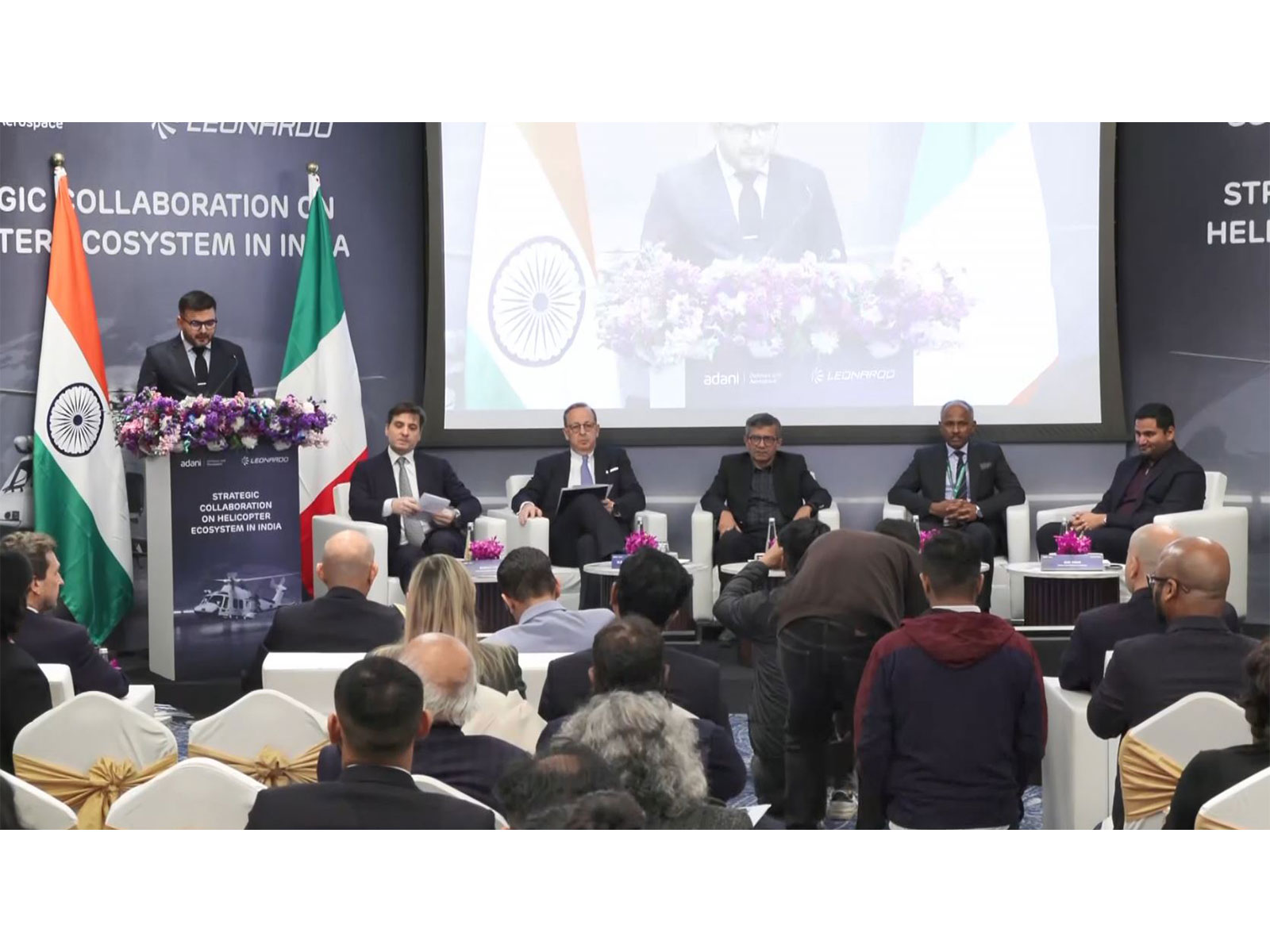 Officials from Adani Defence & Aerospace and Leonardo during the announcement of their strategic collaboration to build a helicopter manufacturing ecosystem in India, in New Delhi. (Photo/ANI)