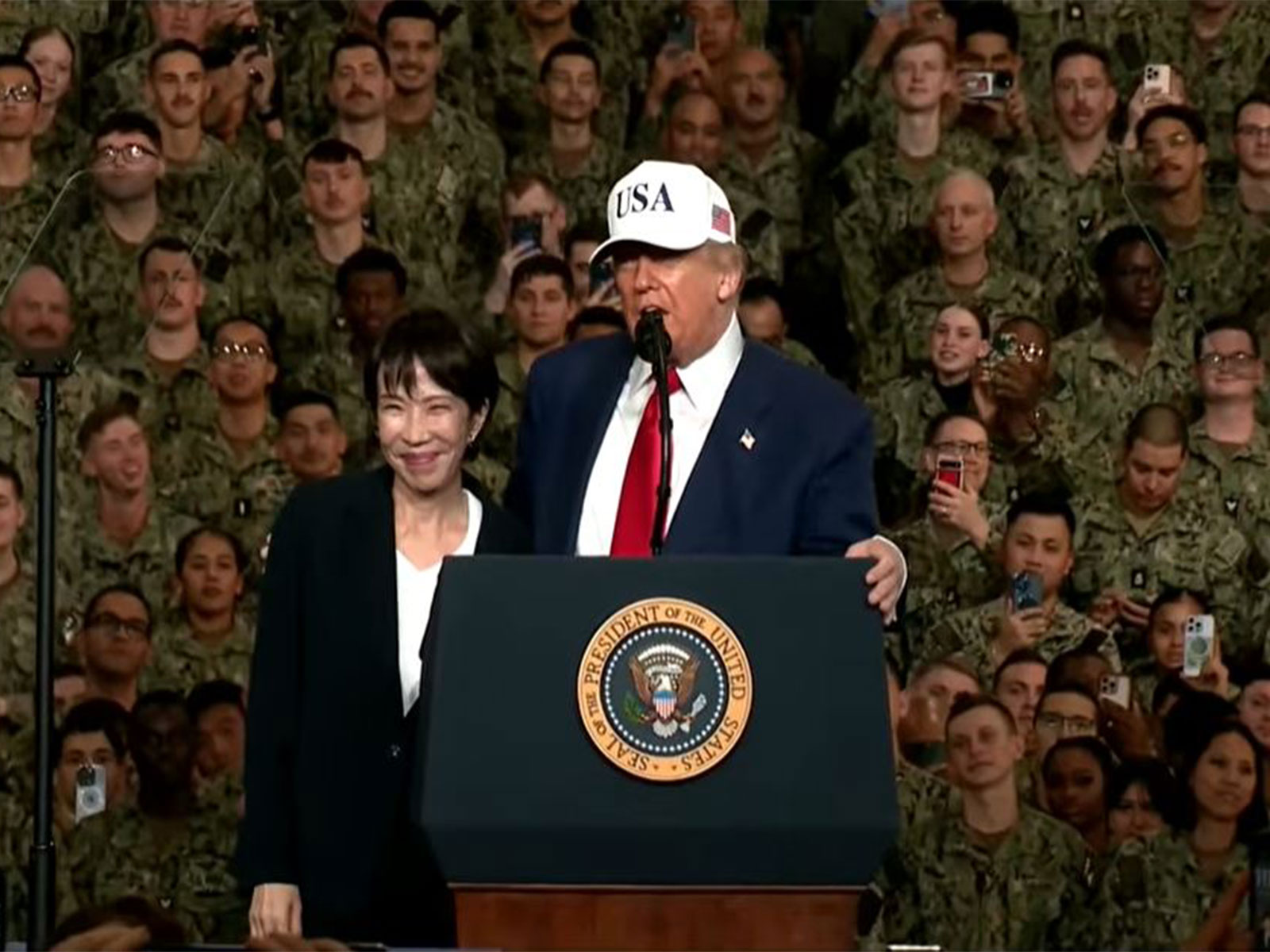 US President Donald Trump and Japan's Prime Minister Sanae Takaichi aboard the USS George Washington at Yokosuka Naval Base. (Image Source: The White House/YouTube)