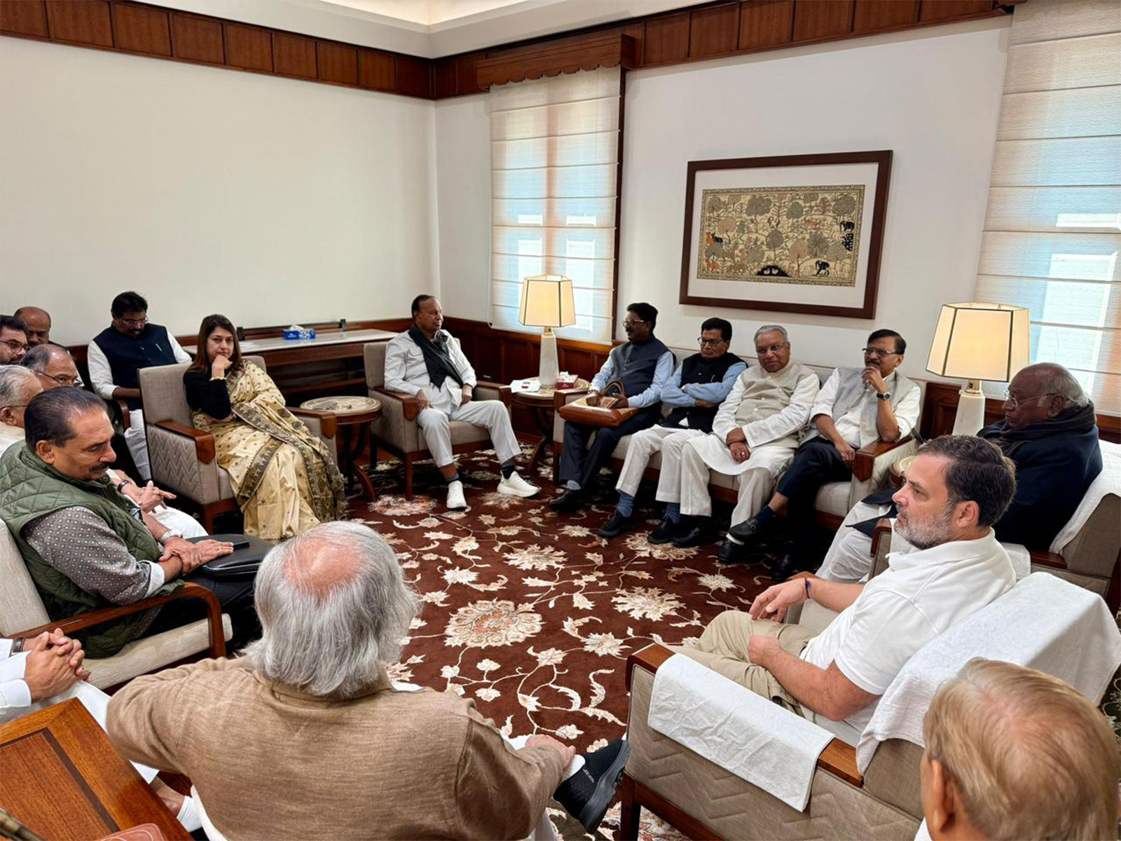 INDIA Bloc floor leaders' meeting at Mallikarjun Kharge's office in Parliament (Photo/ANI)