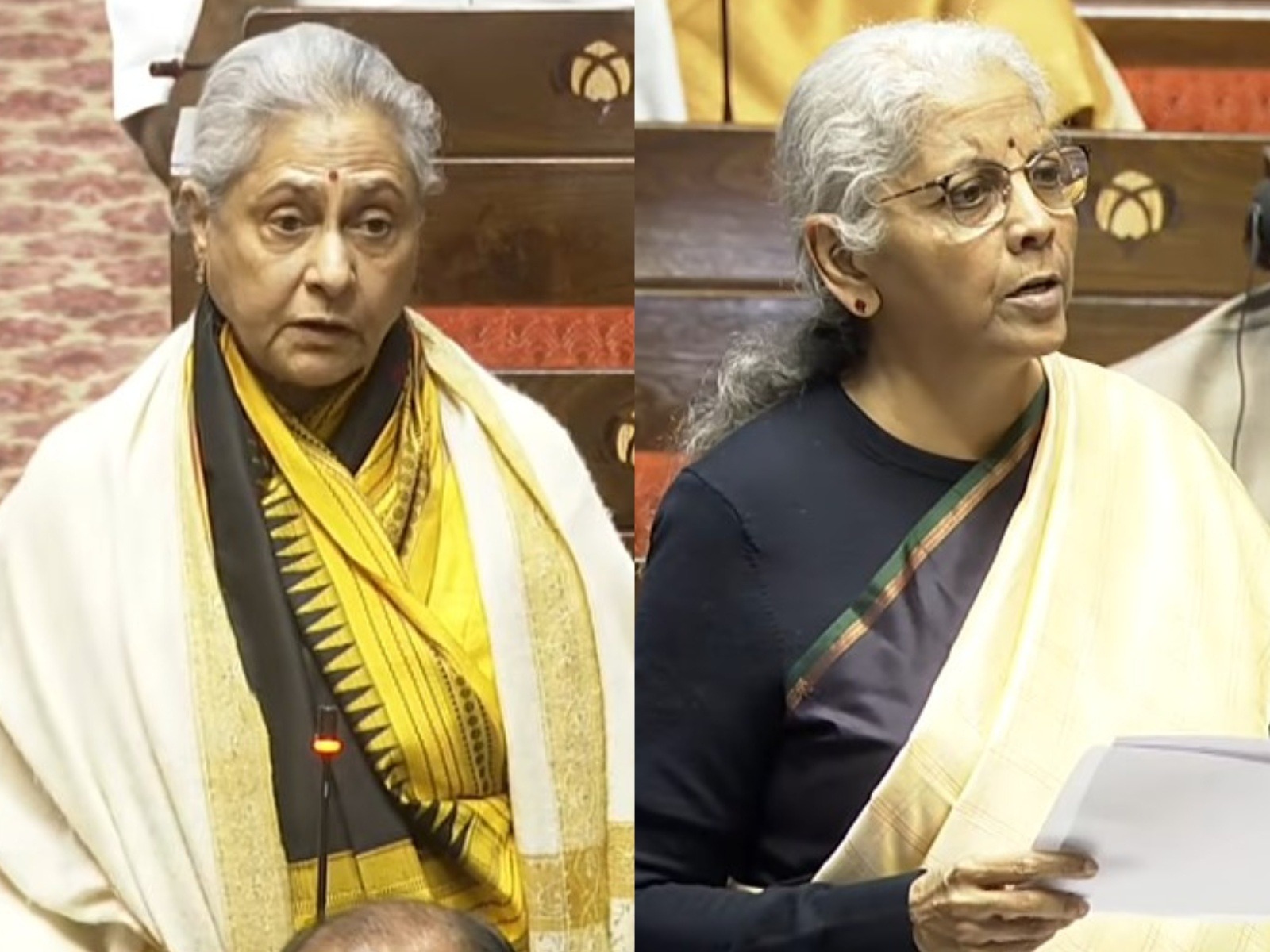 Rajya Sabha MP Jaya Bachchan and Union Finance Minister Nirmala Sitharaman (Photo/Sansad TV)