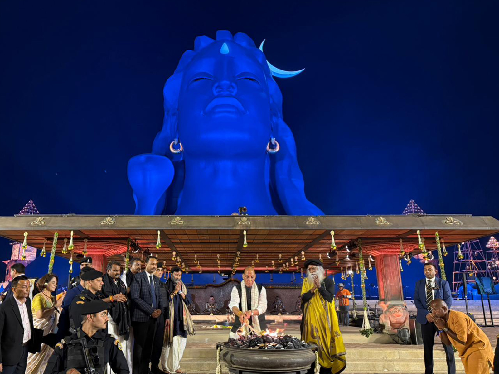 Defence Minister Rajnath Singh at the Adiyogi statue (Photo/ANI)