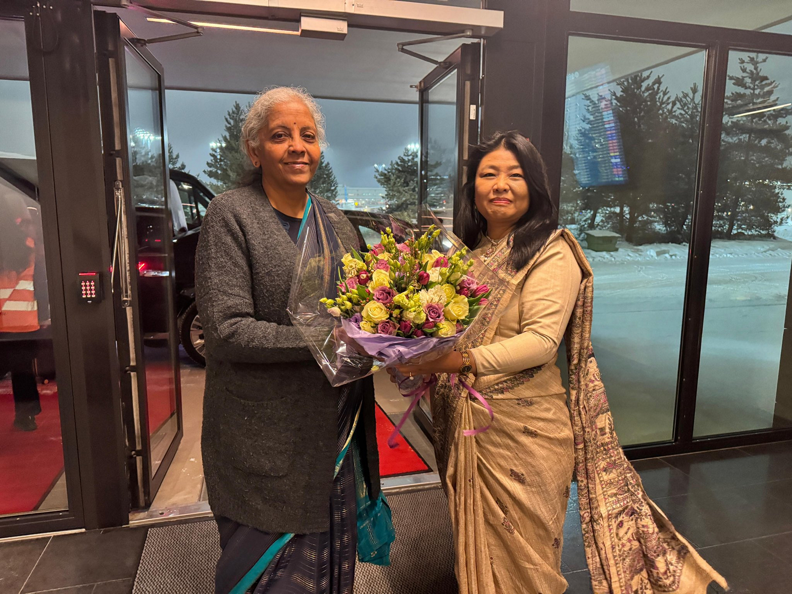 FM Nirmala Sitharaman was welcomed upon arrival at Oslo Airport by Gloria Gangte, Ambassador of India to Norway. (Photo- Ministry of Finance) 