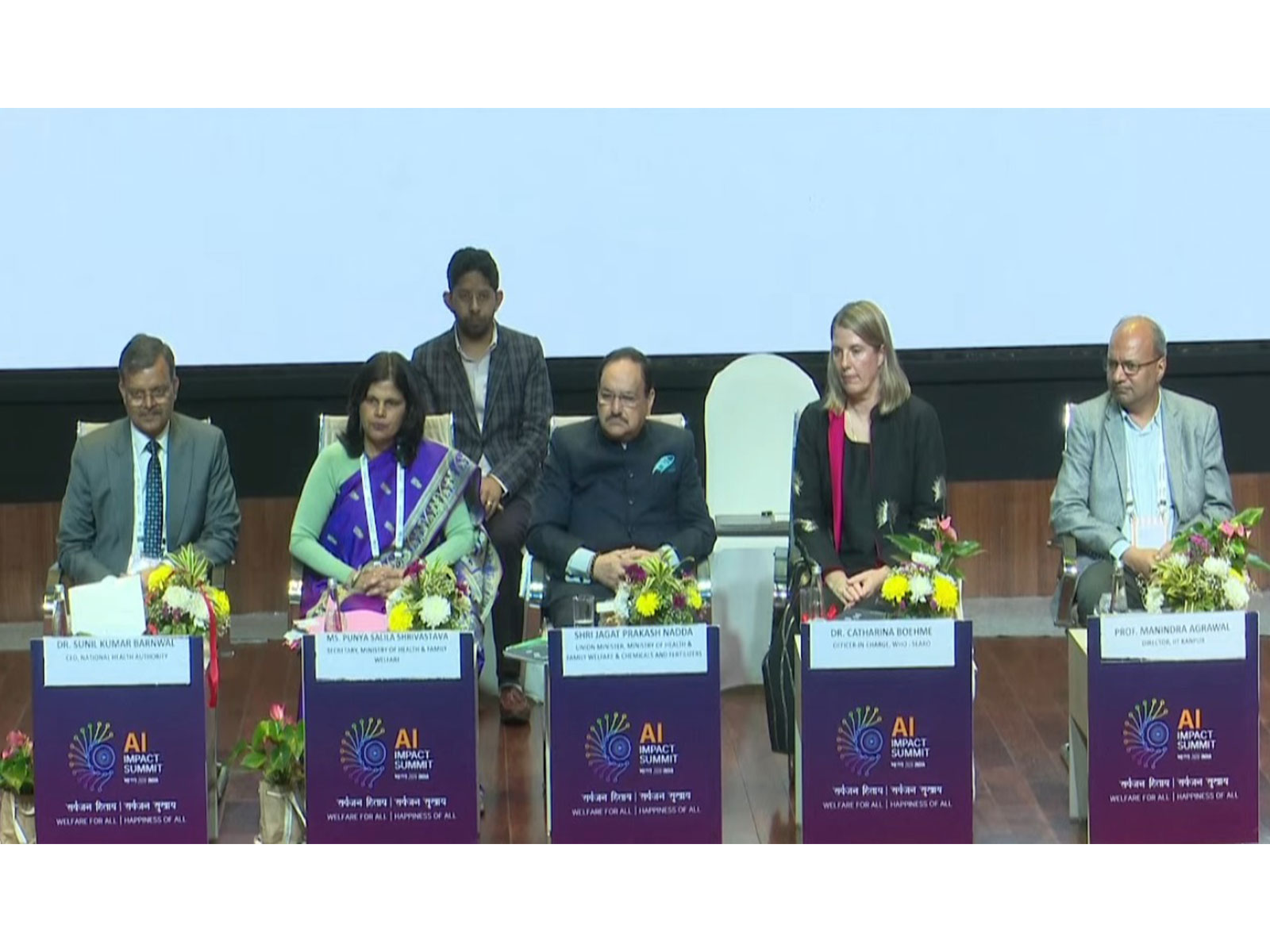 Union Health Minister JP Nadda joins Health Secretary Punya Salila Srivastava and WHO's Catharina Boehme during a healthcare-focused session at the India AI Impact Summit 2026 in New Delhi. (Photo/ANI)