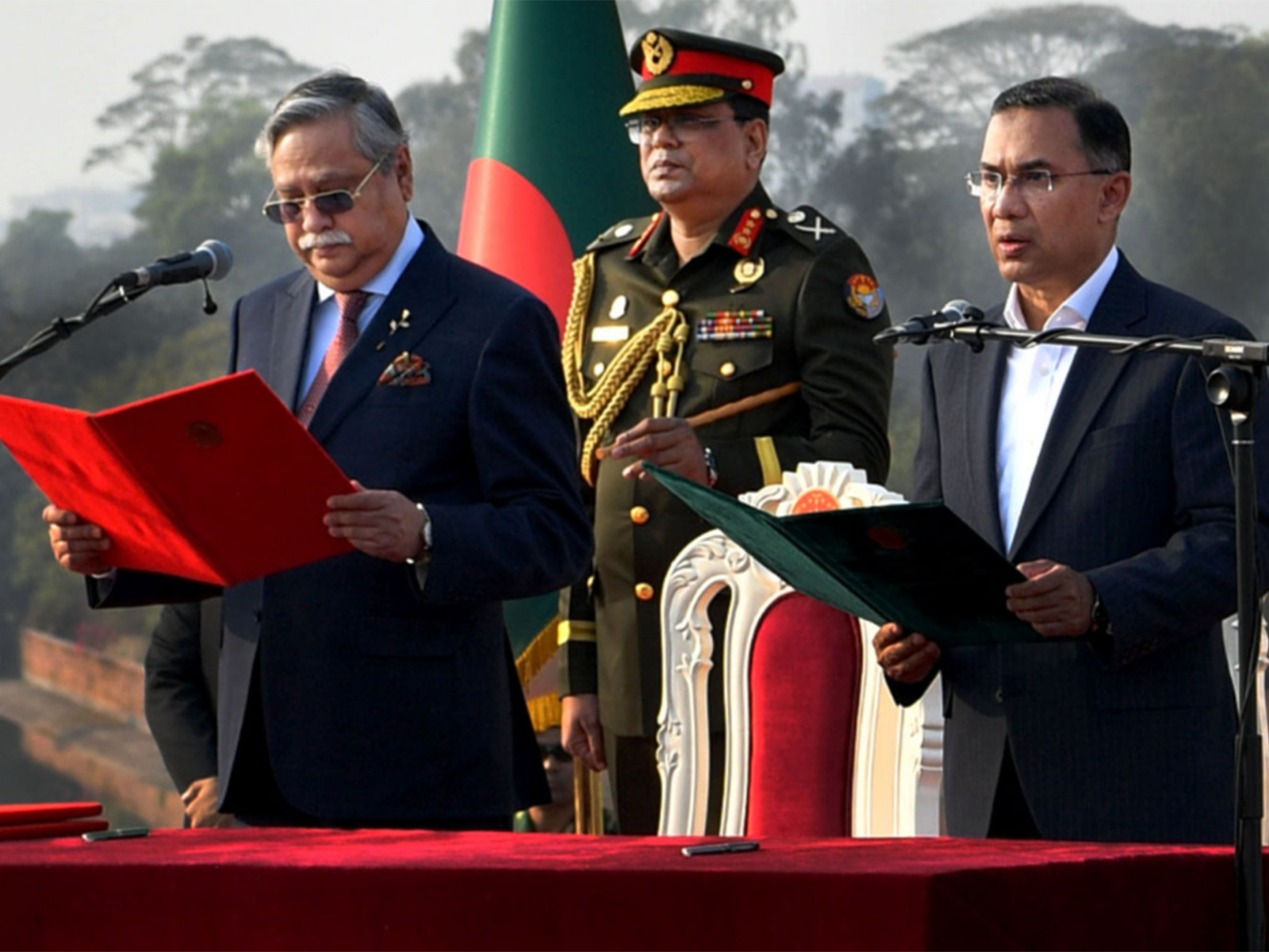 Tarique Rahman takes oath as Bangladesh's Prime Minister at the South Plaza of the National Parliament Building in Dhaka (Photo/PID, Bangladesh)