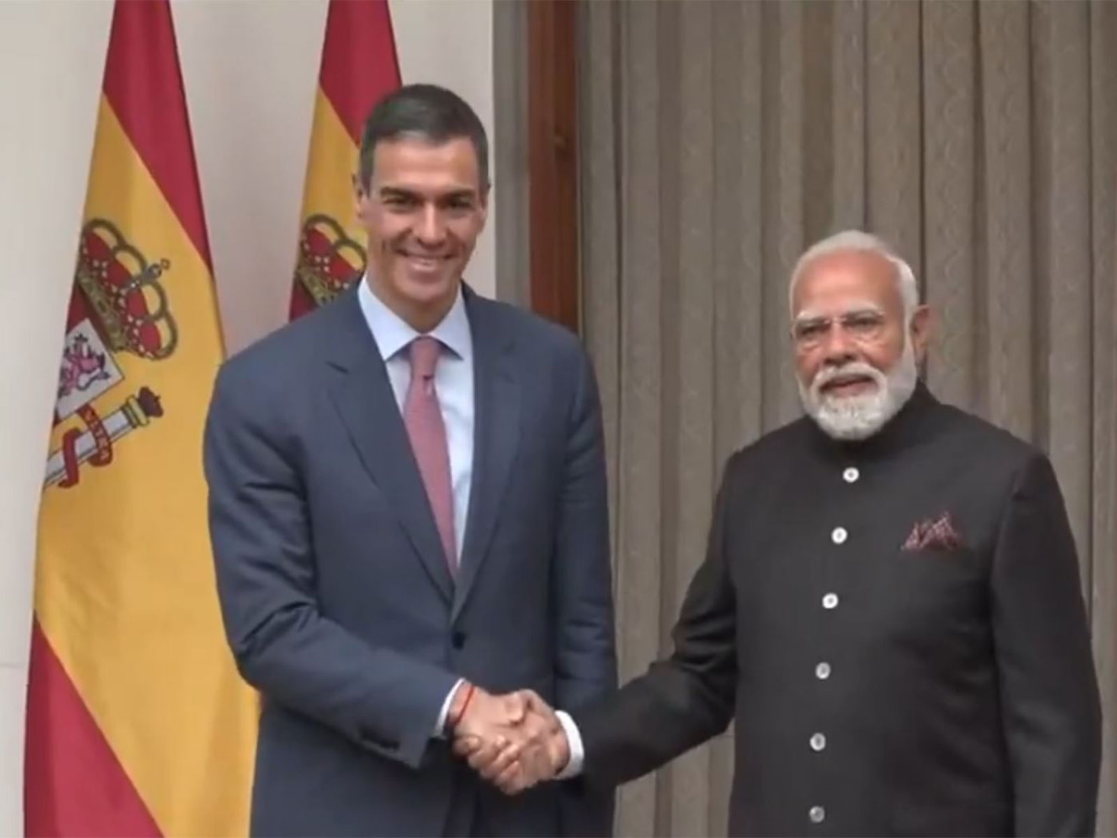 Prime Minister Narendra Modi meets Spanish President Pedro Sanchez Perez-Castejon at Hyderabad House in New Delhi. (Photo/ANI)
