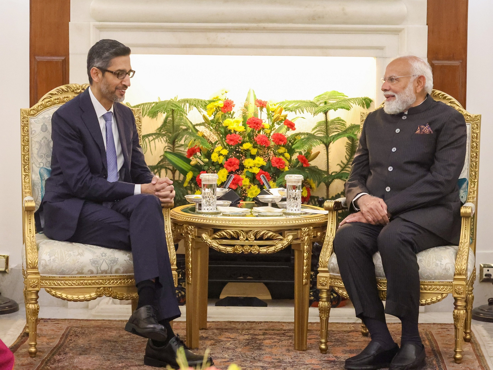 Prime Minister Narendra Modi meets Google CEO Sundar Pichai on the sidelines of the India AI Impact Summit 2026 at Bharat Mandapam, New Delhi. (Photo: X/@narendramodi)