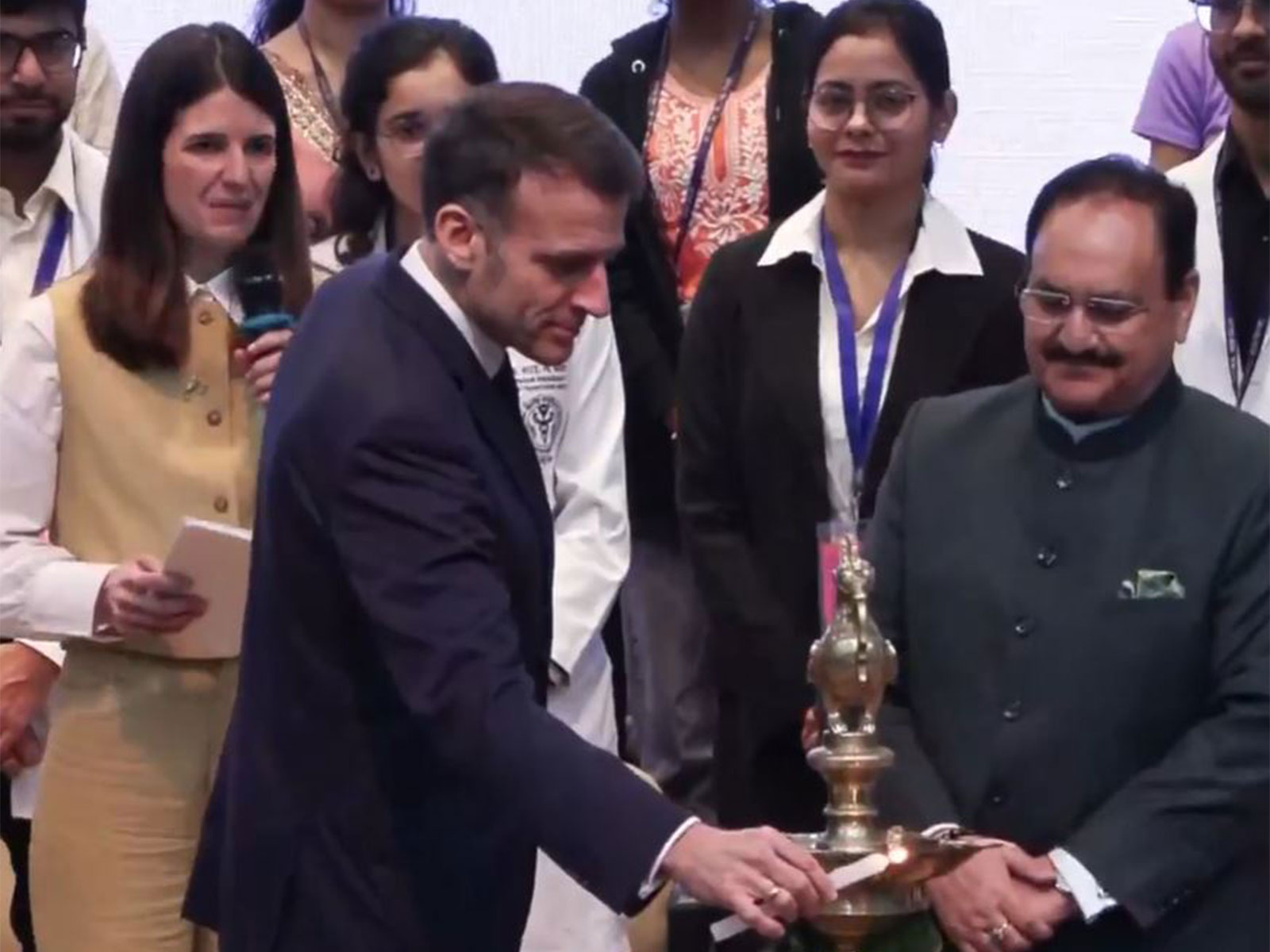 French President Emmanuel Macron with Union Minister JP Nadda (Photo/ANI)