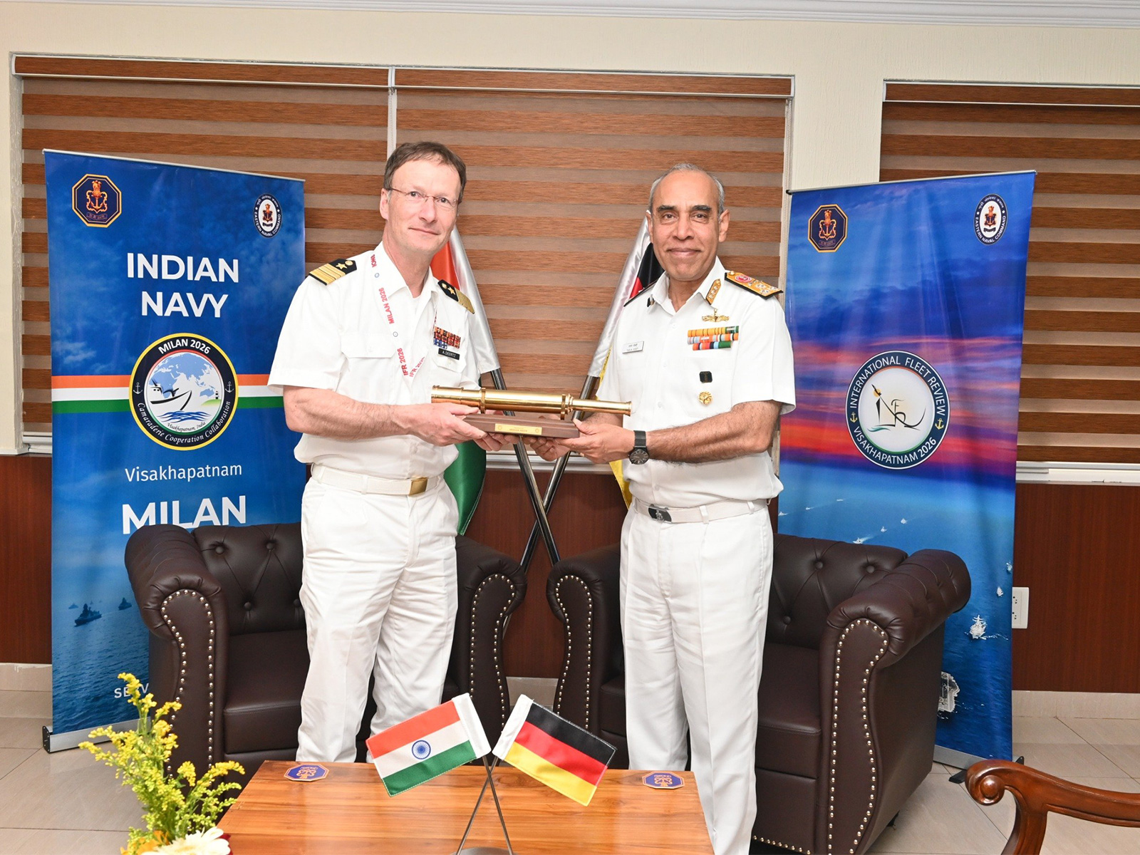 Indian Navy's Deputy Chief VAdm Tarun Sobti with German fleet Commander VAdm Axel Deertz (Photo/@indiannavy)