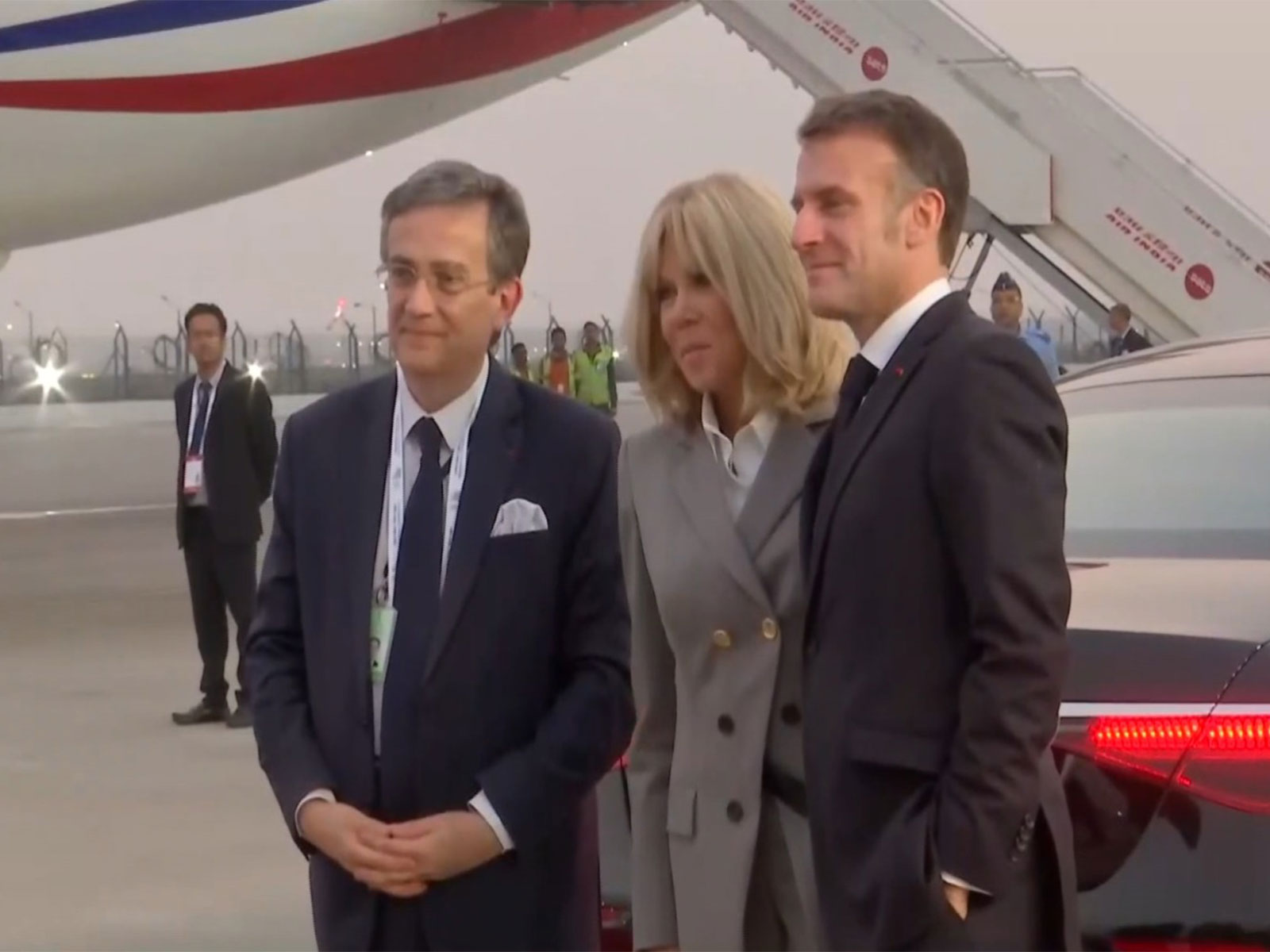 President Emmanuel Macron and First Lady Brigitte Macron at Delhi Airport (Photo/ANI)