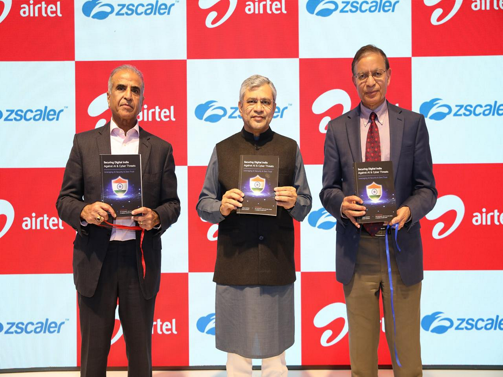 (L-R) Sunil Bharti Mittal, Founder & Chairman, Bharti Enterprises; Ashwini Vaishnaw, Union Minister for Electronics and IT; and Jay Chaudhry, CEO, Chairman, and Founder, Zscaler. (Photo: ANI)