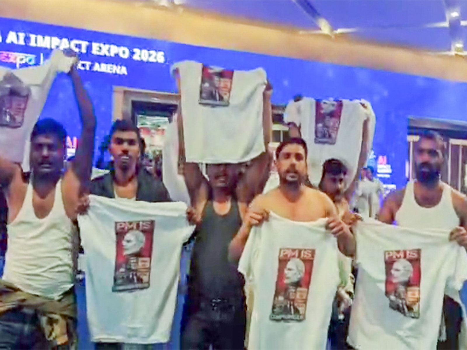 Indian Youth Congress workers stage a protest at Bharat Mandapam during the India AI Impact Summit 2026. (Photo/ANI)