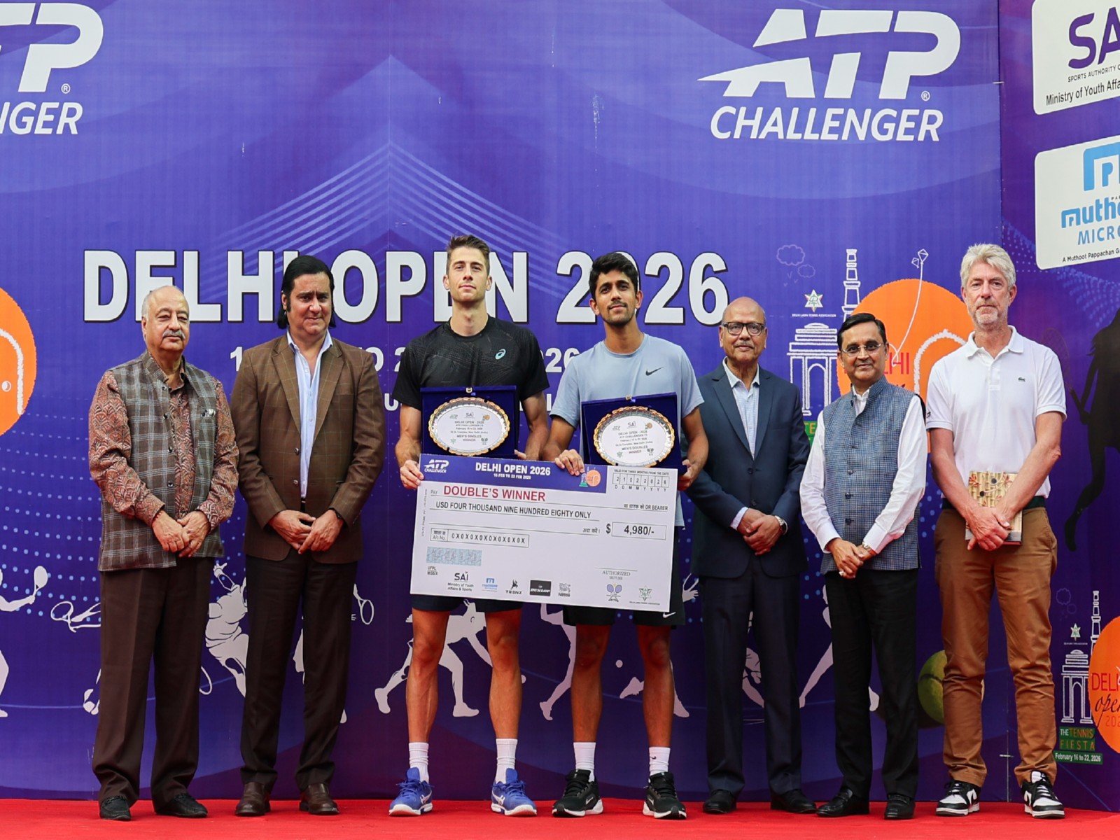 Siddhant Banthia and Alexander Donski lifting Delhi Open 2026 men's doubles title (Image: ATP)
