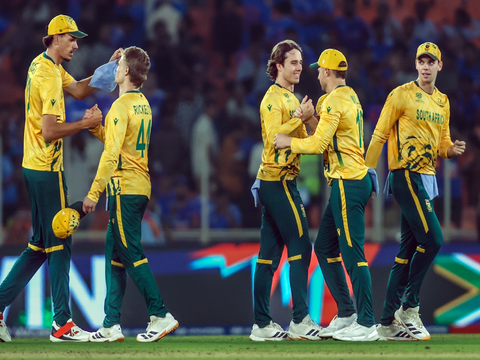 South African players celebrate their victory over India. (Photo/ANI)