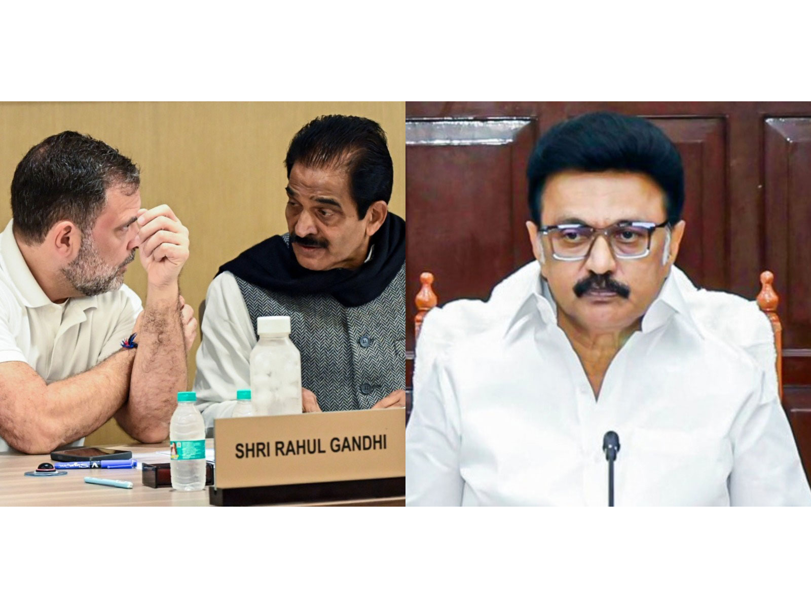 Congress MPs Rahul Gandhi and KC Venugopal, and Tamil Nadu CM MK Stalin (Photo/ANI)