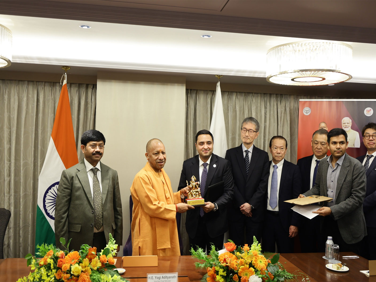 UPradesh CM Yogi Adityanath with delegation of Minda Corporation and their Japanese partners (Photo/ANI)