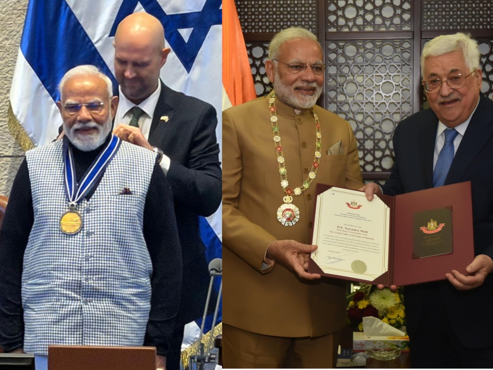 PM Narendra Modi was conferred 'Speaker of the Knesset Medal' on Wednesday by Israel Parliament. He was conferred the Grand Collar of the State of Palestine in 2018 (Photo/ANI)