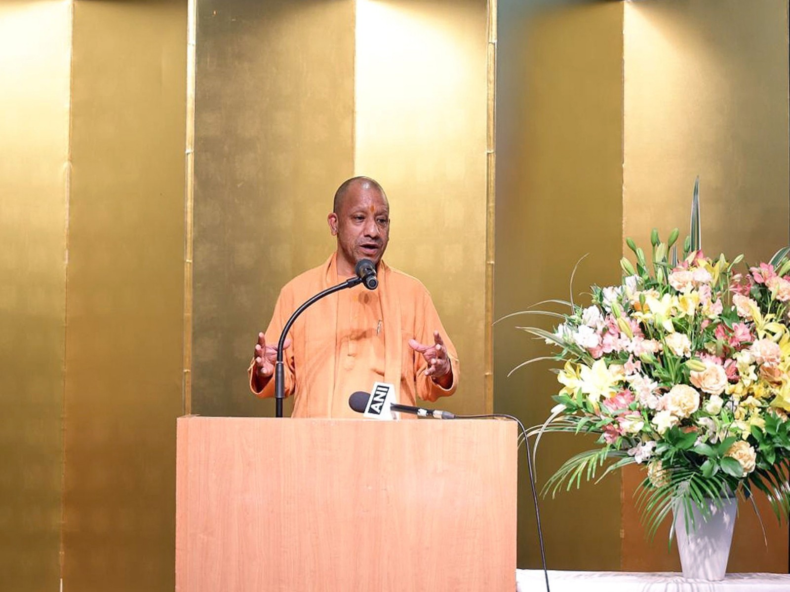 Uttar Pradesh CM Yogi Adityanath addresses during Uttar Pradesh Investment Roadshow in Yamanashi. (Photo/ANI)