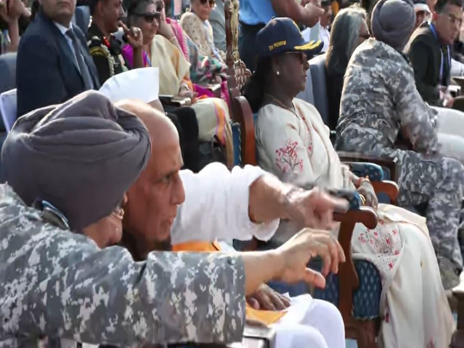 President Droupadi Murmu, Defence Minister Rajnath Singh attend IAF's Exercise Vayu Shakti in Pokhran (Photo/ANI)