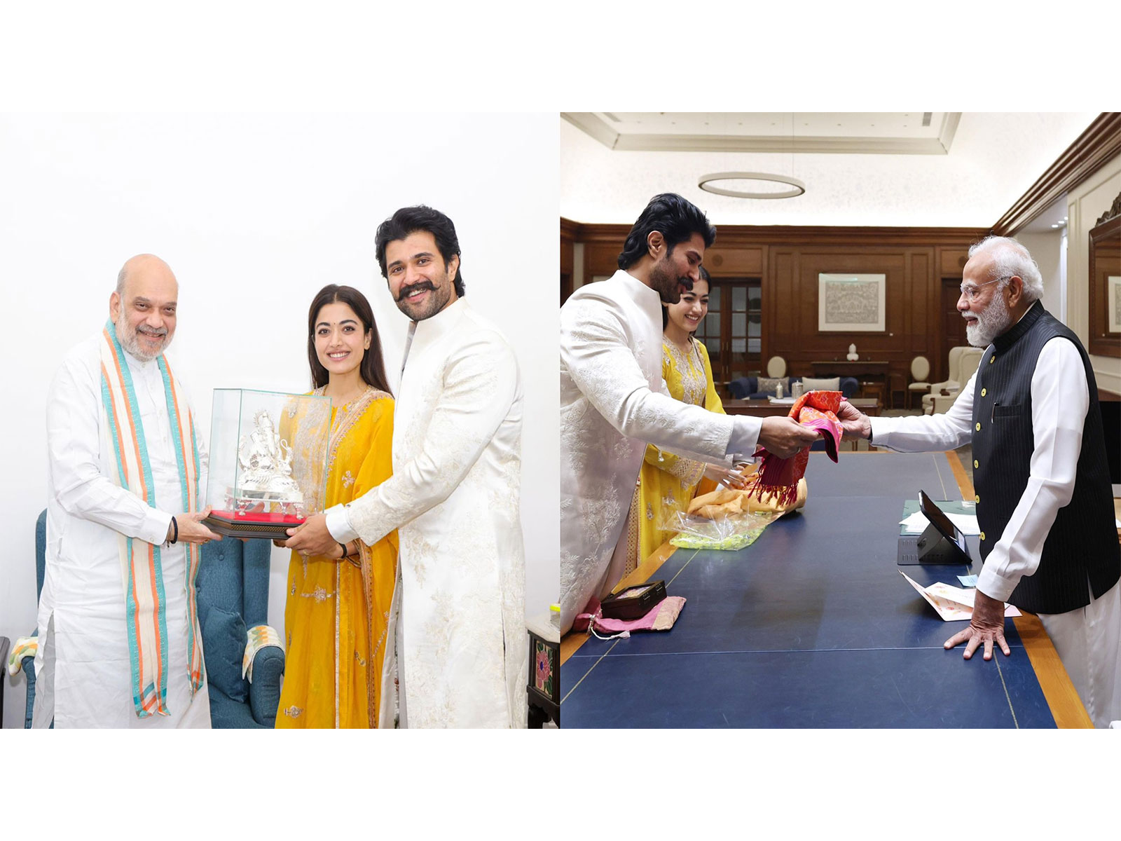 Rashmika Mandanna and Vijay Deverakonda with Prime Minister Narendra Modi and Home Minister Amit Shah (Photo/X@iamRashmika)