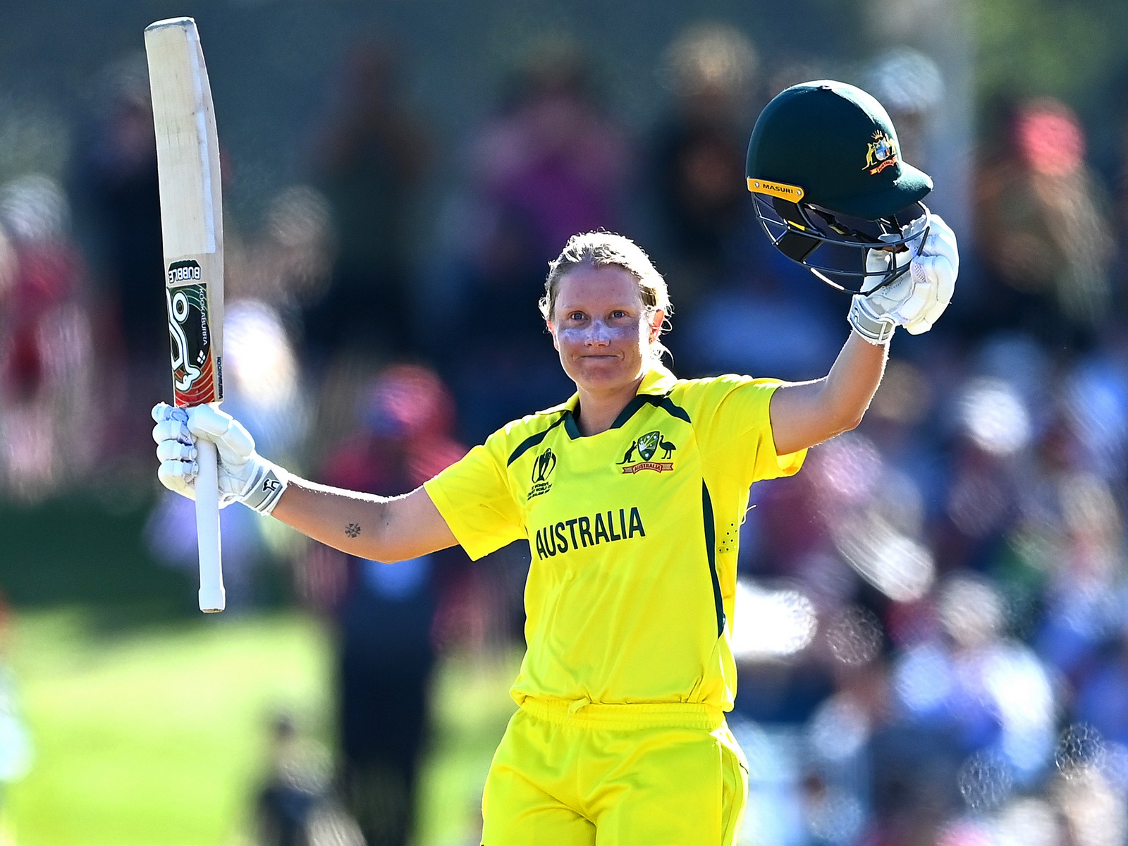 Australia's Alyssa Healy celebrates her century. (Photo/ANI)