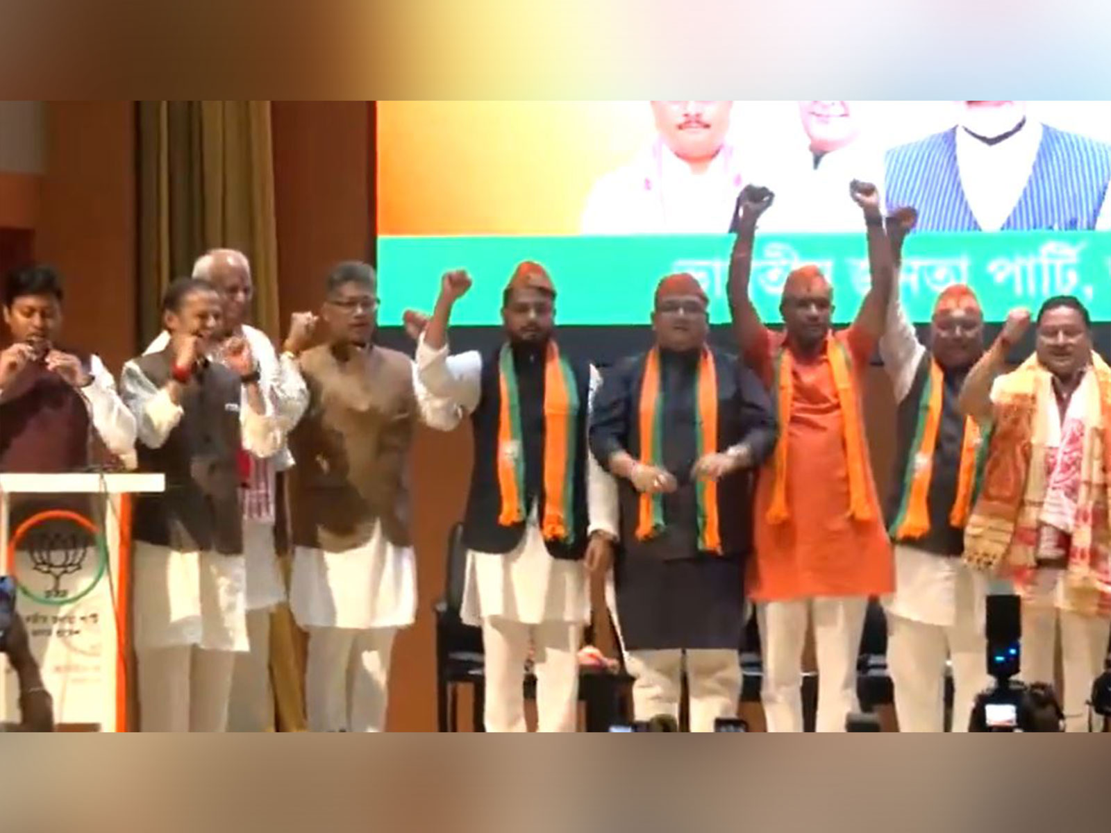 Three suspended MLAs join Assam BJP president Dilip Saikia (Photo/ANI)