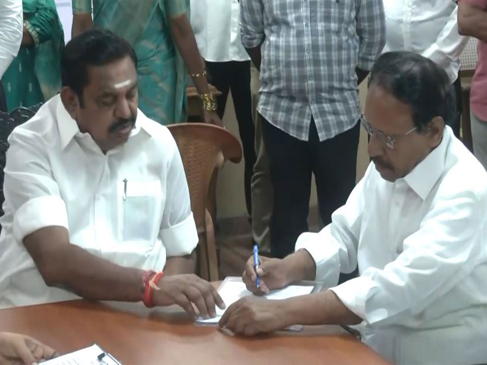 AIADMK Rajya Sabha candidate M Thambidurai with party Gen Secy Edappadi K Palaniswami (Photo/ANI)