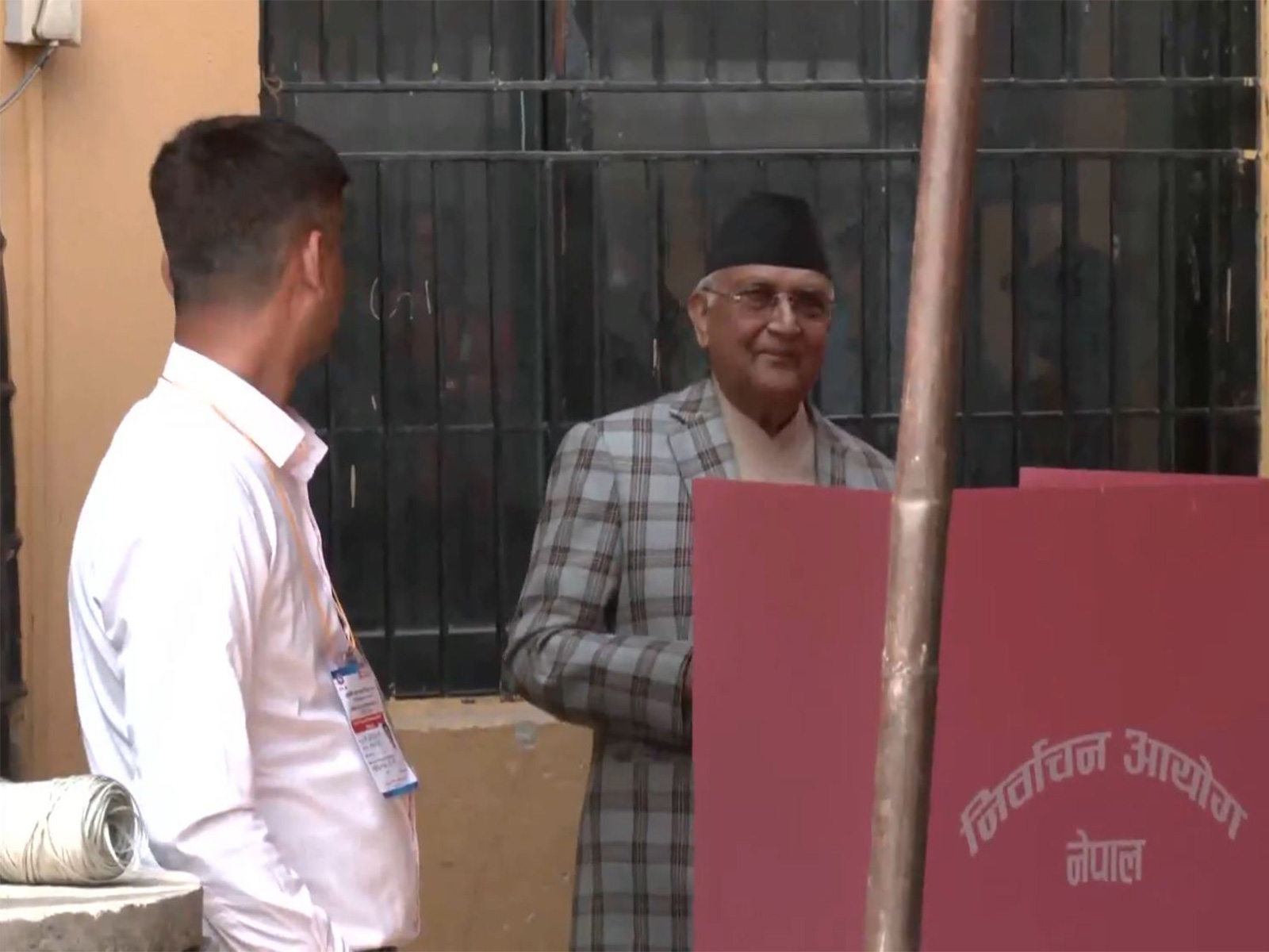 Former Prime Minister KP Sharma Oli casts his vote at a polling station in Bhaktapur during the 2026 General Elections. (Photo/ANI)