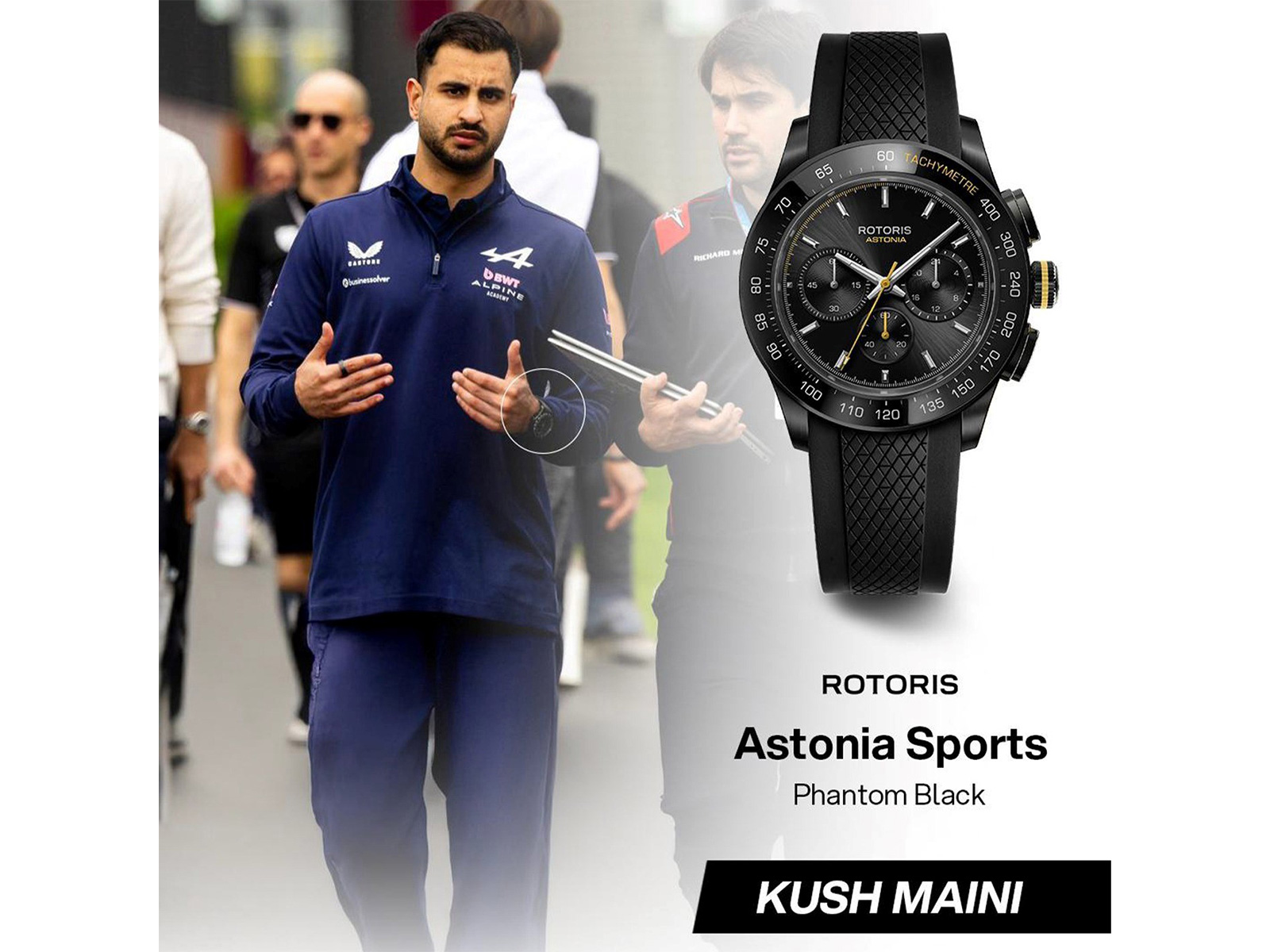 Indian racing driver Kush Maini seen wearing the Rotoris Astonia Sports Chronograph 'Phantom Black' (Photo/Rotoris)
