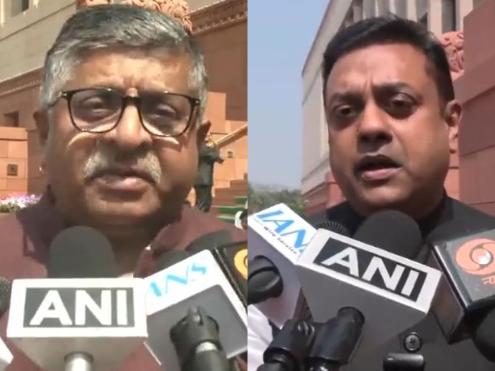 BJP MP Sambit Patra (R) and  BJP MP Ravi Shankar Prasad (L) (Photo/ANI)