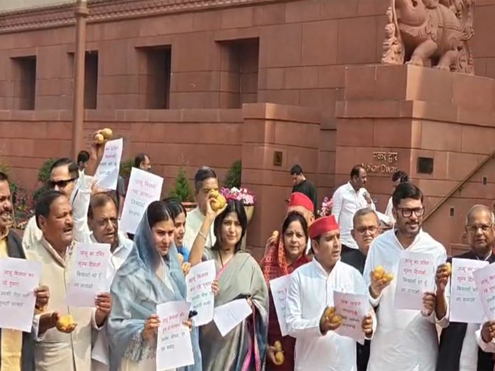 Samajwadi Party MPs led by Dimple Yadav hold protest outside Parliament (Photo/ANI)