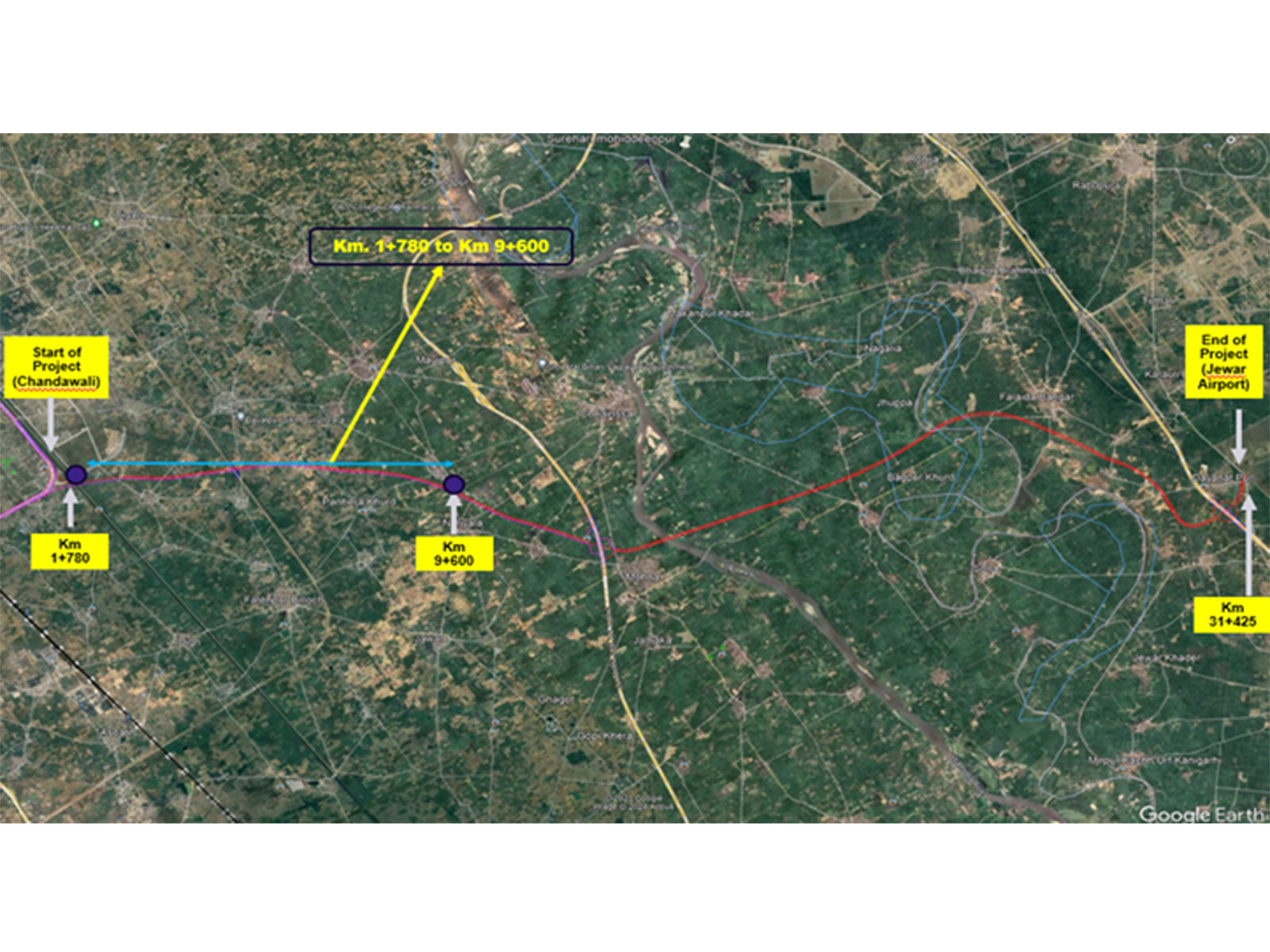Project alignment map for Greenfield Connectivity to Jewar International Airport from Delhi-Faridabad-Ballabhgarh-Sohna Spur of the Delhi-Mumbai (Photo/PIB)