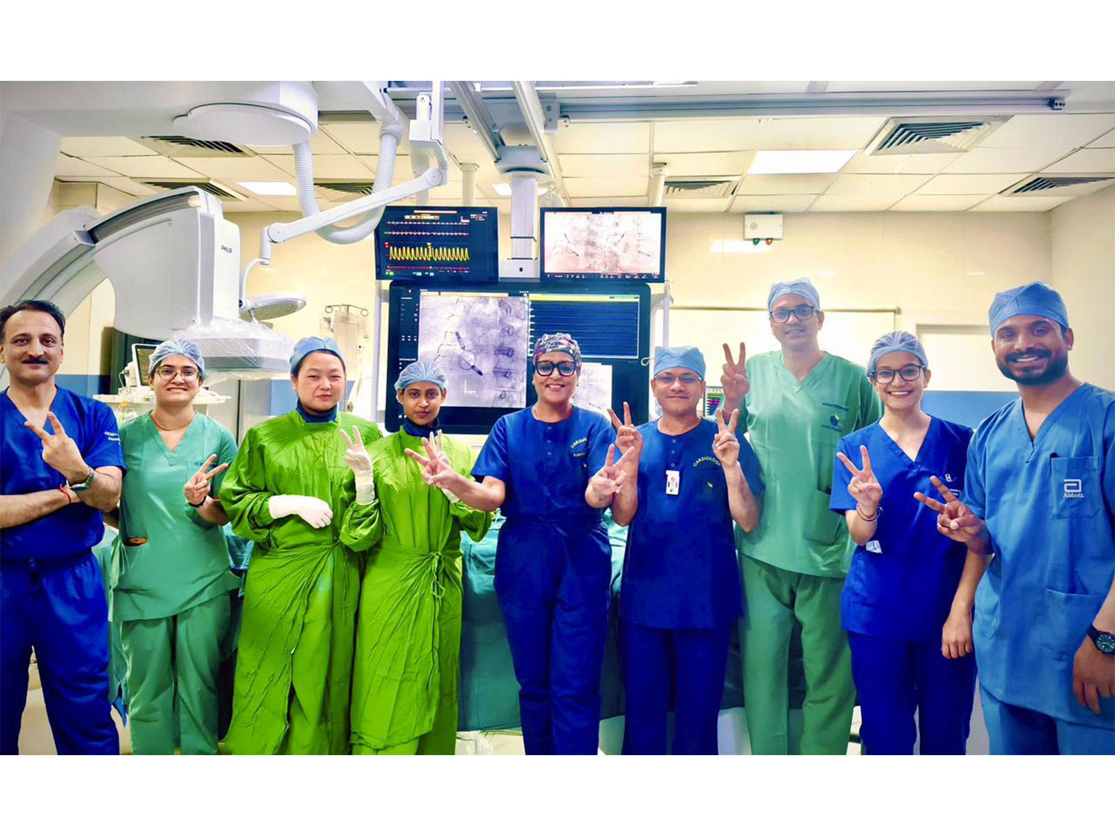 Dr Vanita Arora (centre) with the cardiac electrophysiology team after performing India's first leadless pacemaker implantation through a metallic prosthetic tricuspid valve