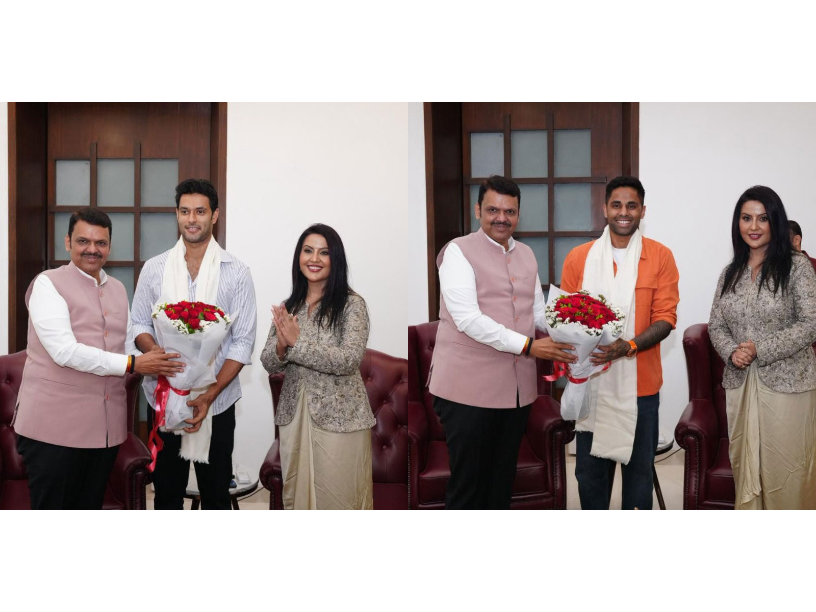Maharashtra CM Fadnavis felicitates Suryakumar Yadav and Shivam Dube (Photo: CMO)
