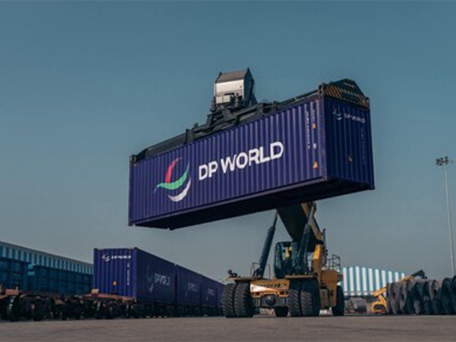 DP World-branded container transporting critical broadcast and match infrastructure for the ICC Men's T20 World Cup 2026