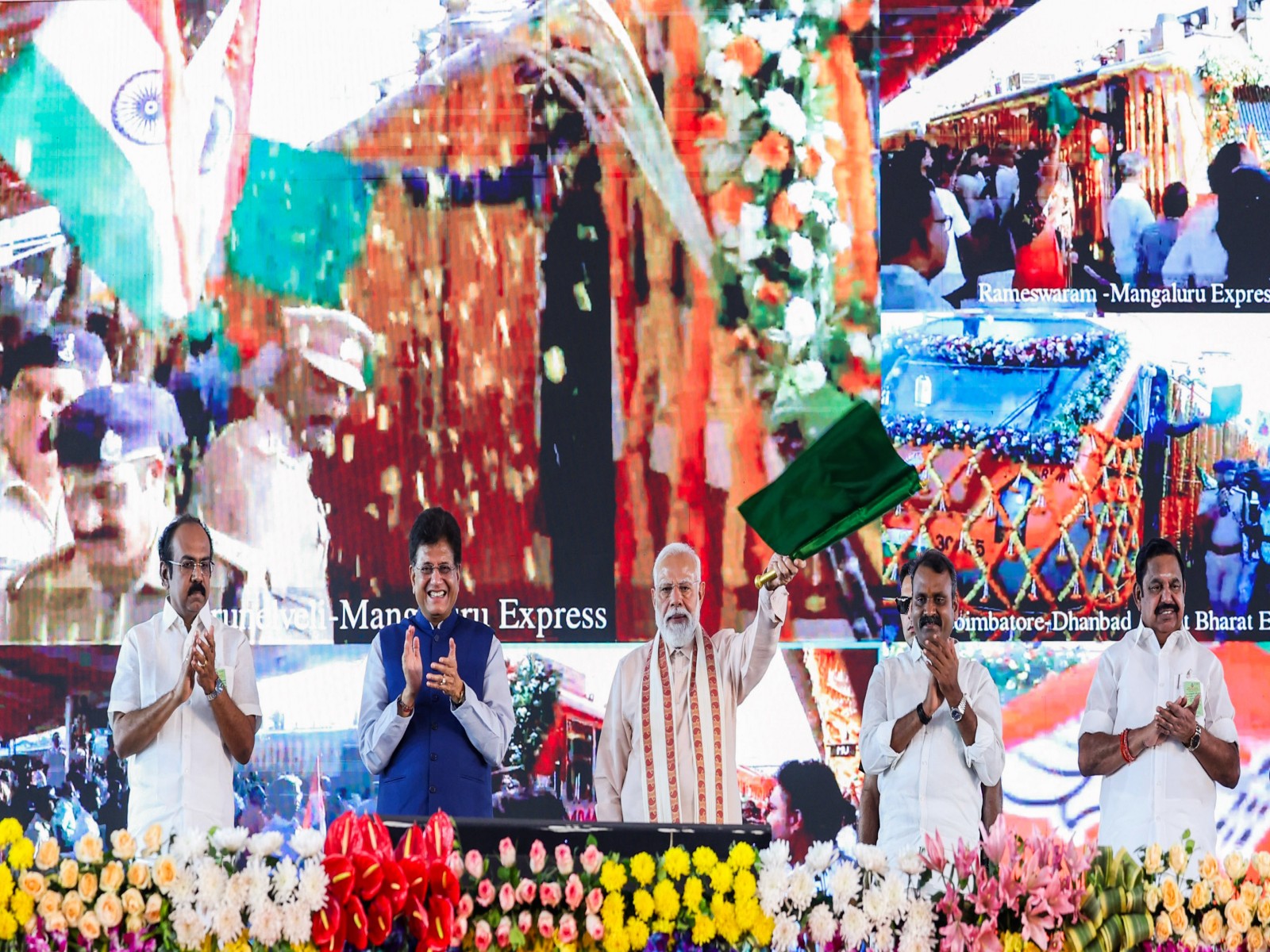Prime Minister Narendra Modi lays foundation stone for development works in Tiruchirappalli (Photo/ANI)
